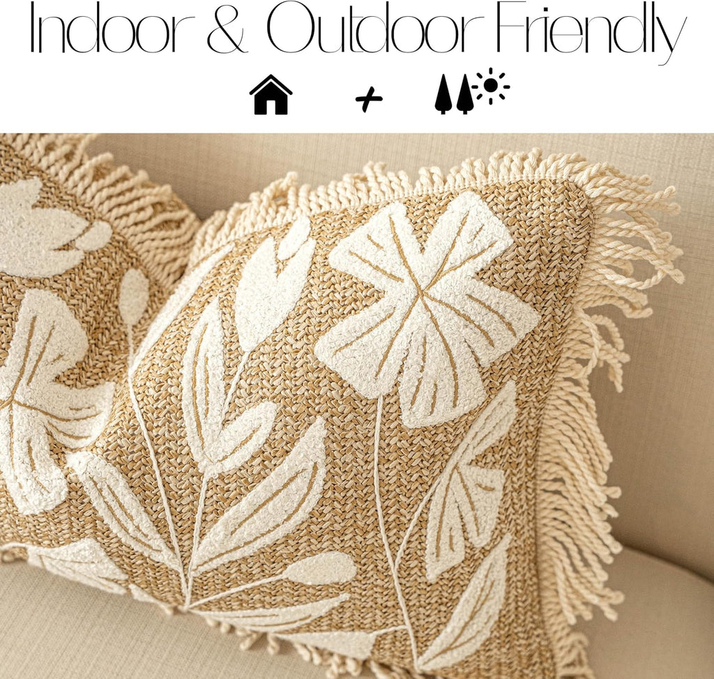 BlissBlush Jute Decorative Spring Accent Lumbar Throw Pillow Cover 12X20, Neutral Floral Farmhouse Textured Pillowcase for Couch Sofa…