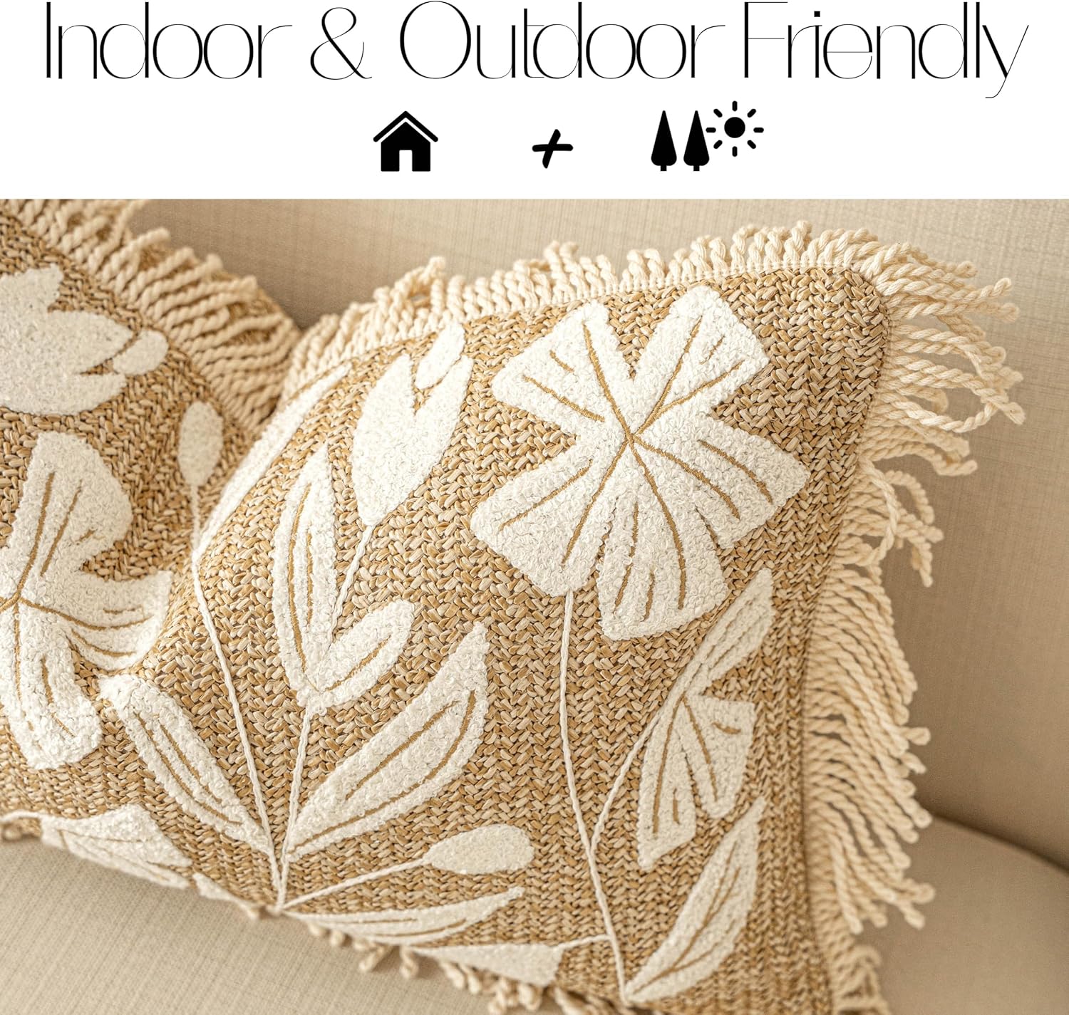BlissBlush Jute Decorative Spring Long Lumbar Pillow Cover 14x36, Neutral Floral Tufted Body Pillow for Bed, Accent Lumbar Throw Pillow…