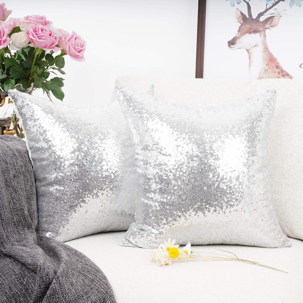 YOUR SMILE Pack of 2, New Luxury Series Silver Decorative Glitzy Sequin & Comfy Satin Solid Throw Pillow Cover Cushion Case for…