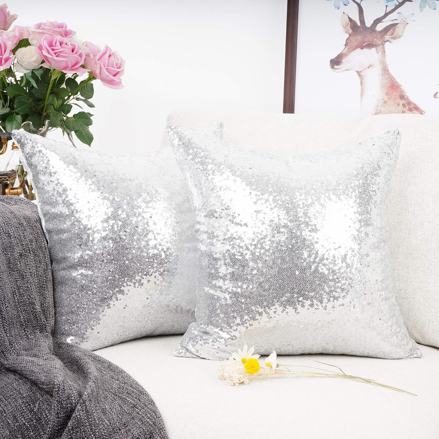 YOUR SMILE Pack of 2, New Luxury Series Silver Decorative Glitzy Sequin & Comfy Satin Solid Throw Pillow Cover Cushion Case for…