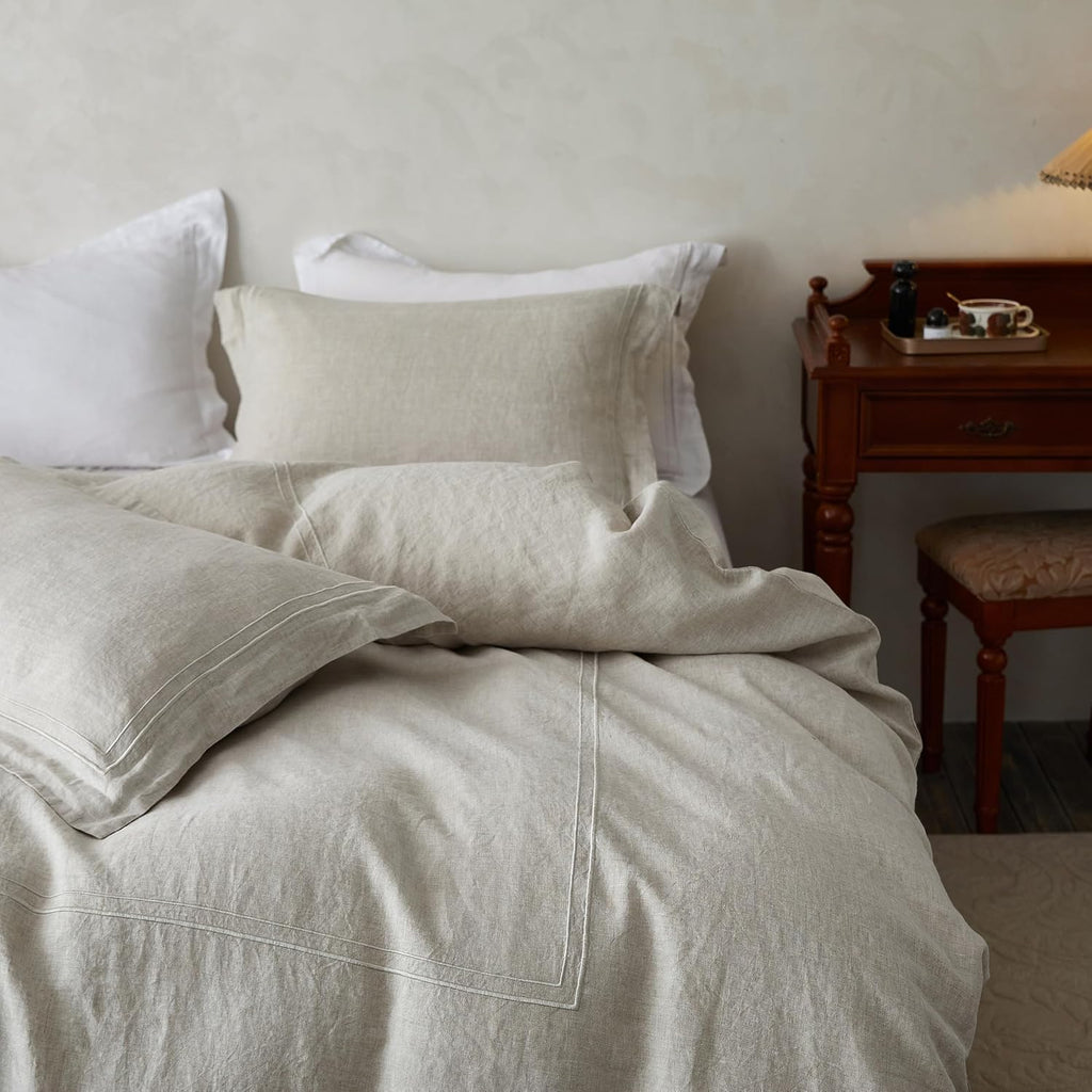 Simple&Opulence 100% Washed Linen Duvet Cover Set 68"x86" - 2 Pieces Soft Farmhouse Comforter Set Double Embroidered with Button Closure…