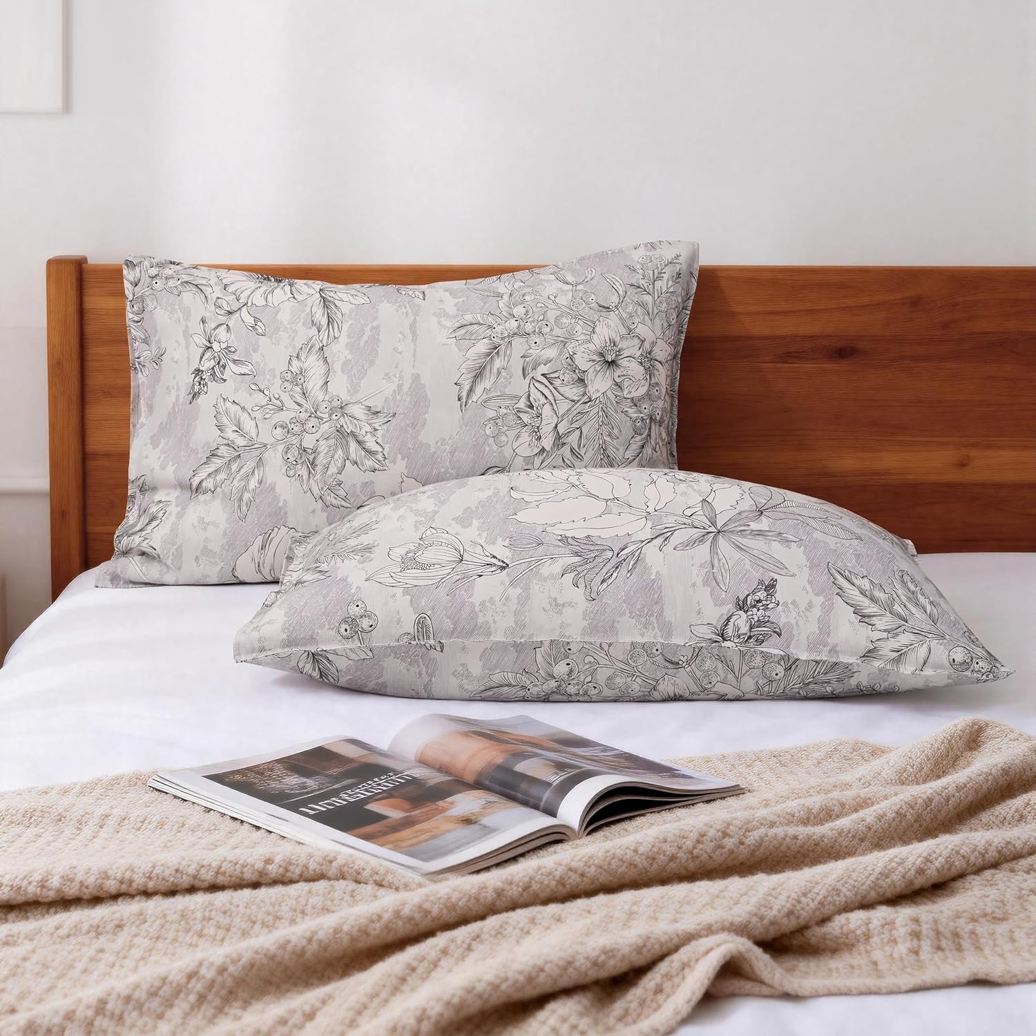Chuffed 100% French Linen Pillow Cases Sketch Floral Print, Farmhouse Floral Stone Washed Pillow Shams with Envelope Closure Soft Breathabl…