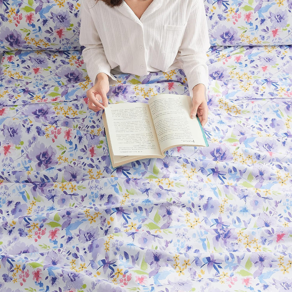 mooreeke Floral Queen Sheets, Soft Breathable Microfiber Vintage Printed Bed Sheet Set, Deep Pocket Non-Slip Fitted Sheet Included, Purple…