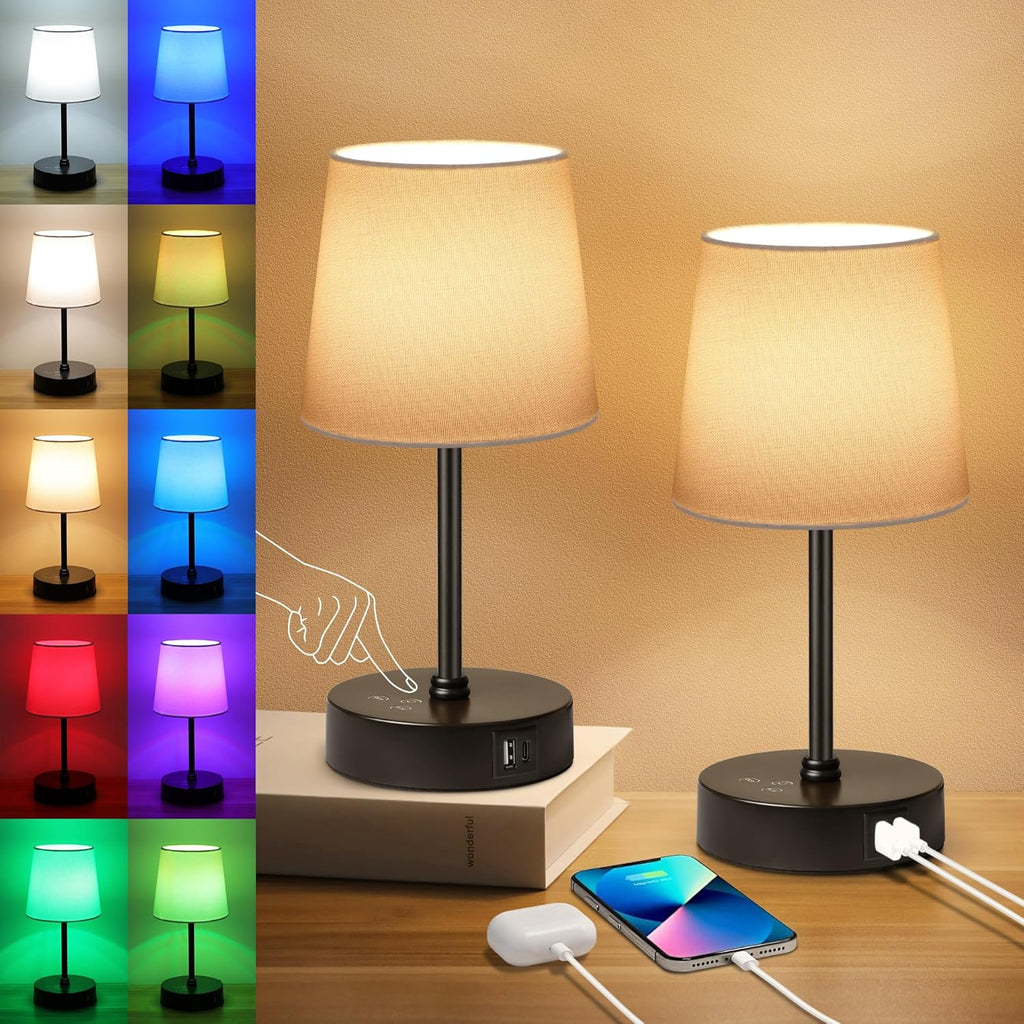 Ascher Small Bedside Table lamp Set of 2, RGB Color Changing Lamps, 3 Color Temperatures Nightstand Lamps with USB C and A Ports, Touch…
