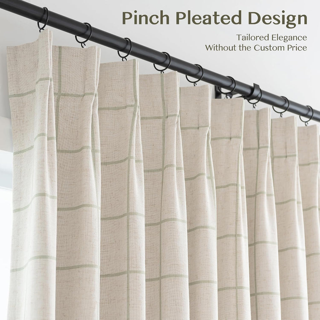 Threegirlshome THREE GIRLS Pinch Pleated Plaid Curtains Blackout Linen Gingham Green Curtains for Living Room, Bedroom Checkered 90 Inches L…