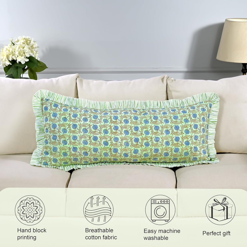 Ridhi Block Print Apple Green Floral 36"x14" Set 1-100% Cotton Ruffle Lumbar Sham Cover Boho Floral Pillowcase, Farmhouse Cottagecore…