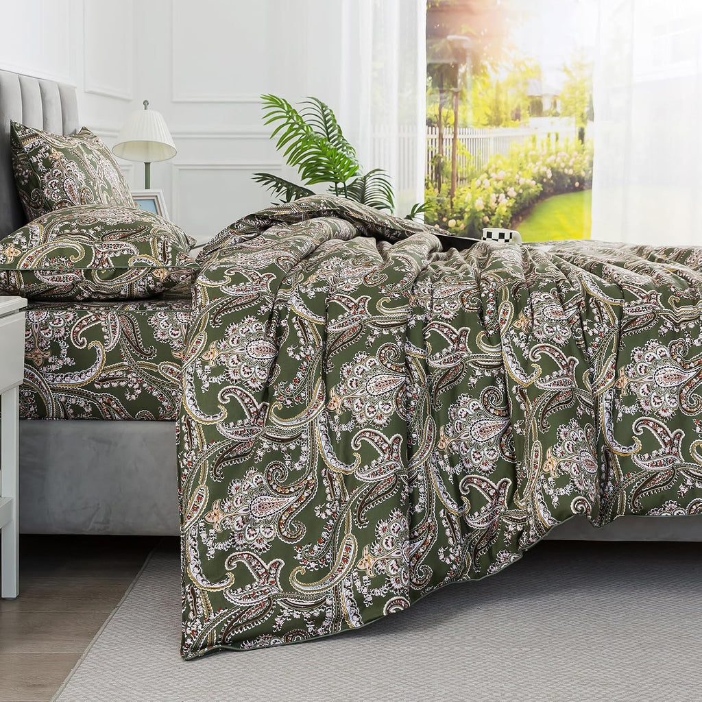 Puralens Vintage Paisley Floral Green Duvet Cover King 100% Cotton, Shabby Flower Printed Chic Crisp Percale Comforter Cover Set, Farmhouse…