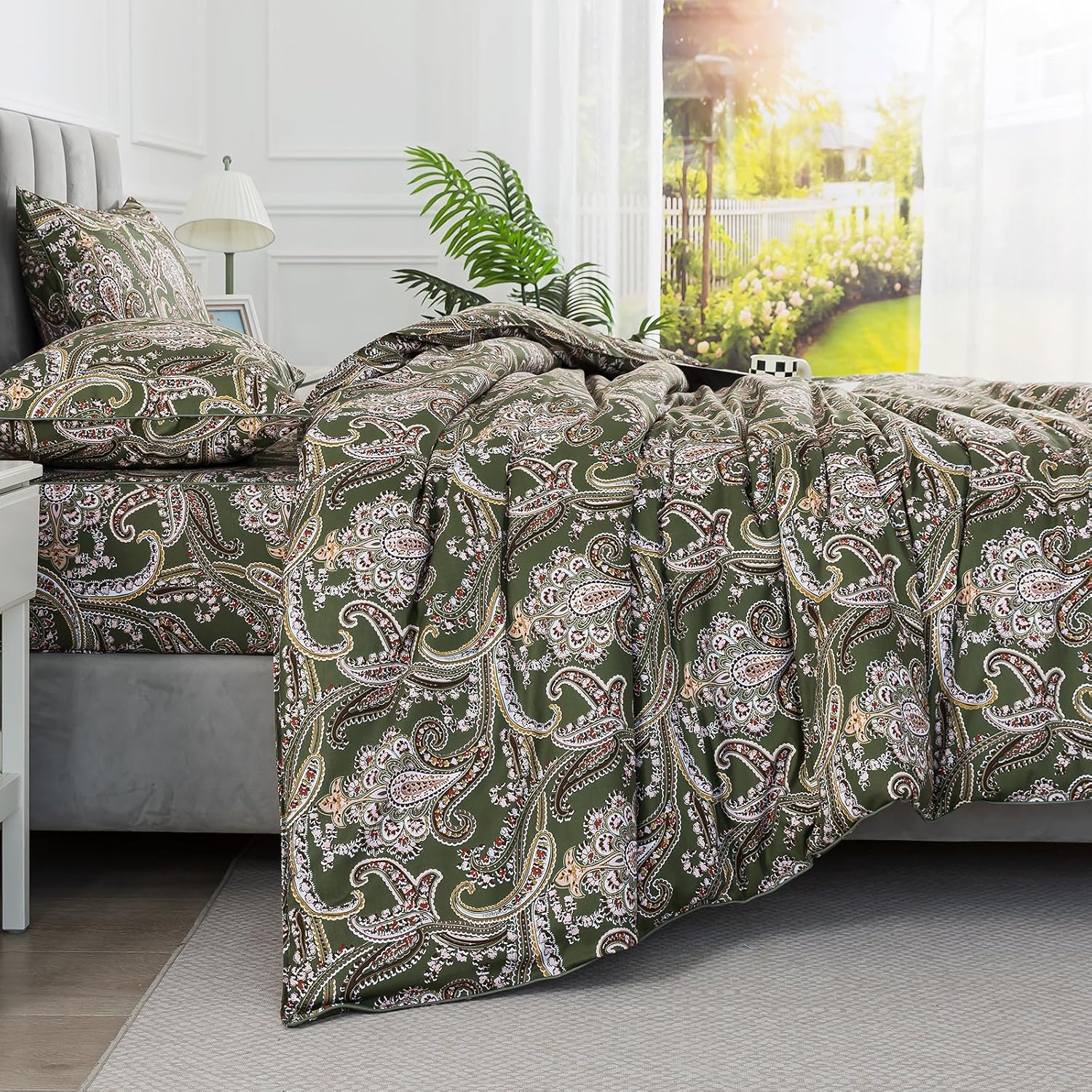 Puralens Vintage Paisley Floral Green Duvet Cover King 100% Cotton, Shabby Flower Printed Chic Crisp Percale Comforter Cover Set, Farmhouse…