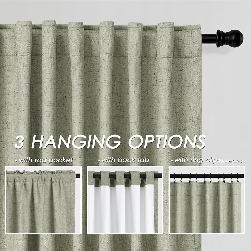 Nanspring Sage Green 100% Blackout Linen Curtains 96 Inches Long for Bedroom Back Tab Thermal Insulated Farmhouse Decor Coastal Black Out C…