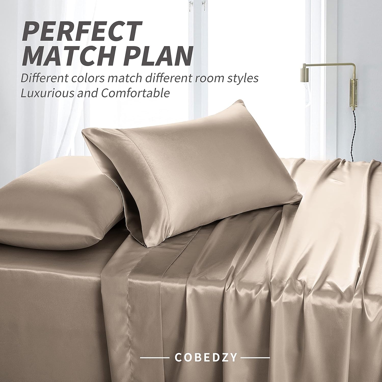 Cobedzy 4 Piece Luxury Queen Sheet Set, Taupe Satin Sheet Set, Soft Silky Bed Sheets Queen Set with 1 Deep Pocket Fitted Sheet 1 Flat Sheet…