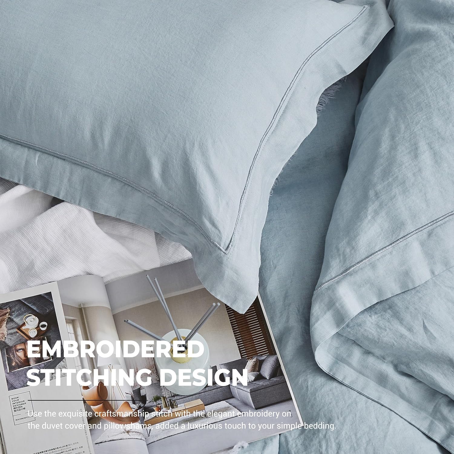 Simple&Opulence 100% Washed Linen Duvet Cover with Embroidered,3 Pieces Soft Farmhouse Comforter Set with Button Closure,1 D…
