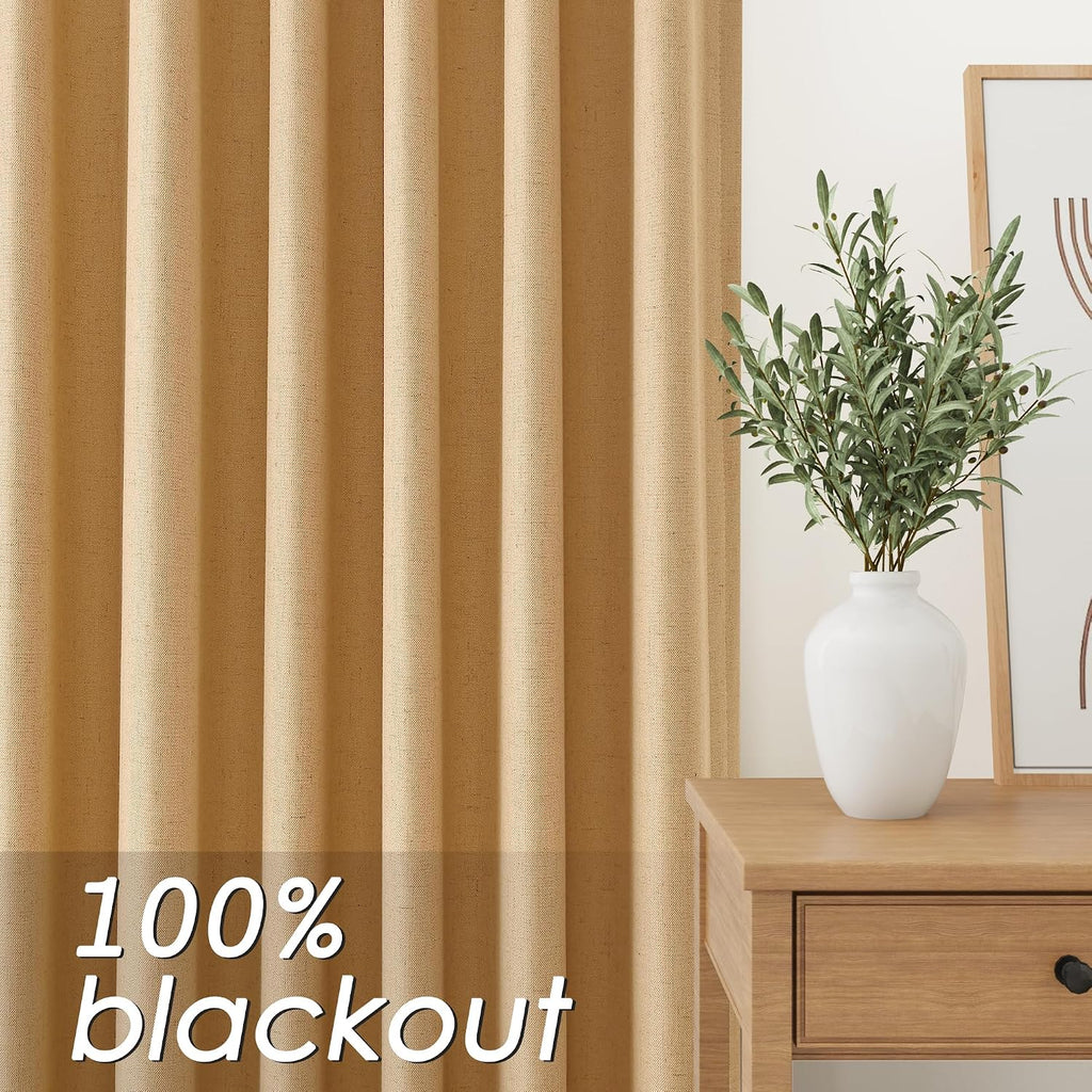 Nanspring Camel 100% Blackout Linen Curtains for Bedroom 90 Inches Long Back Tab Rod Pocket Thermal Insulated Black Out Curtain for Living…