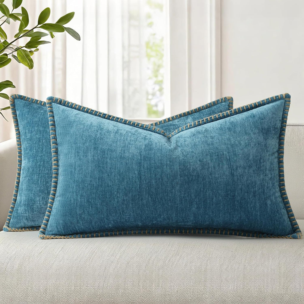 decorUhome Summer Chenille Soft Cozy Throw Pillow Covers 12x20 Set of 2, Modern Farmhouse Boho Velvet Decorative Pillow Cases with Stitched…