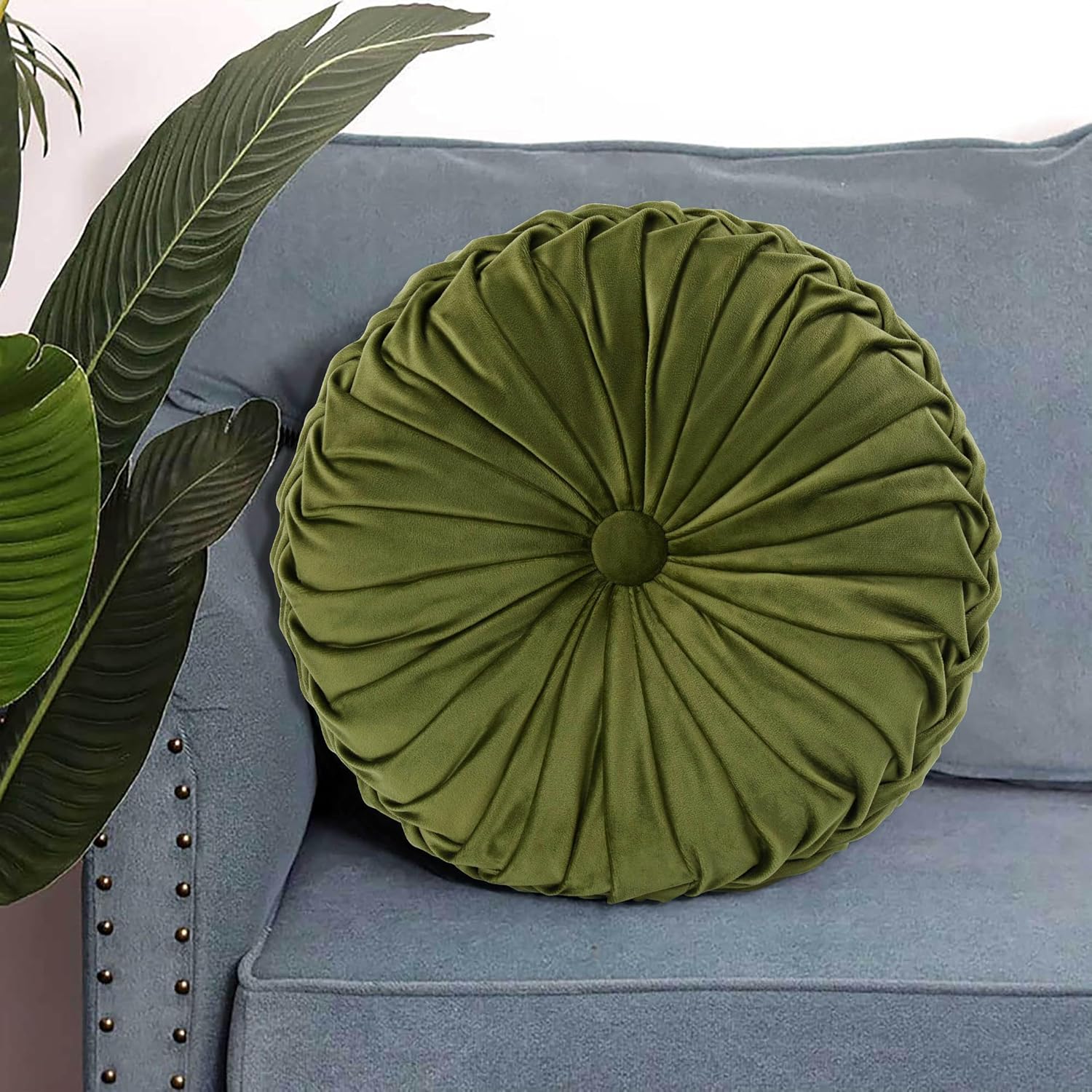 Hig Set of 2 Decorative Round Pleated Throw Pillows, Classy Accent Pumpkin Throw Pillows with Center Button, Vintage Velvet Floor Pillows f…