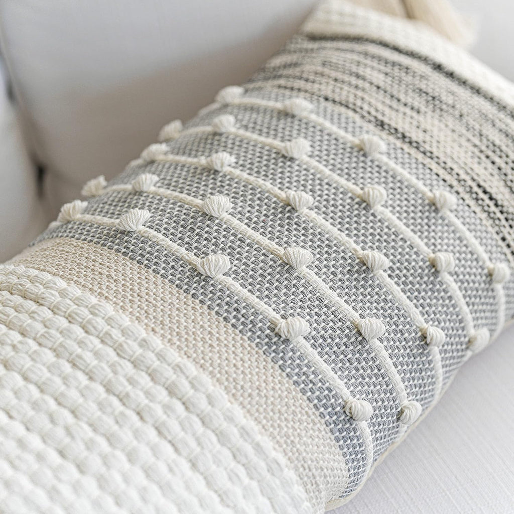 BlissBlush Gray Boho Lumbar Throw Pillow Cover 14x36 Grey Accent Long Body Lumbar Pillow for Bed Decorative Modern Bohemian Woven…