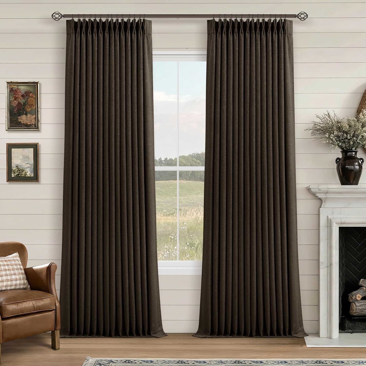 Twodrapes 100% Blackout Linen 102 Inch Curtains 2 Panel Set for Bedroom Pinch Pleated Dark Brown Chocolate Linen Insulated Heavy Curtain 40…