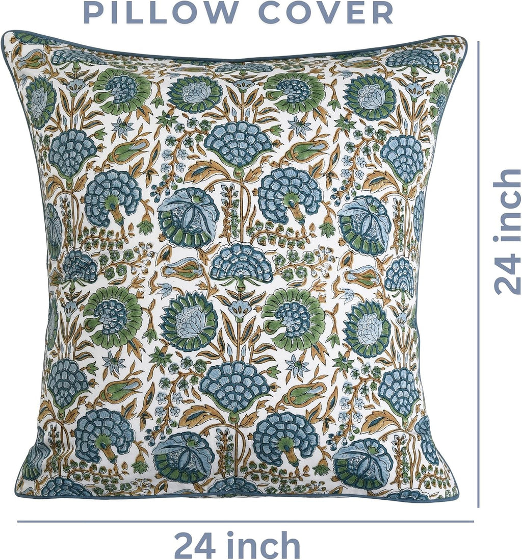 Ridhi Block Print Asparagus Green Pillow Cover 24" x 24" (Pack of 2) Decorative Couch Pillows for Living Room, Farmhouse Chic Boho Cute Out…
