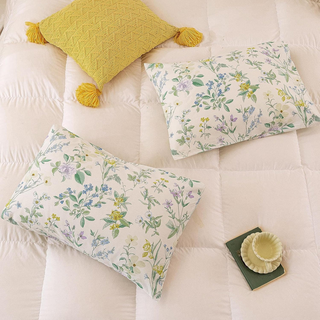 ECOCOTT Floral Pillowcases King Size Set of 2, 100% Washed Cotton Pillow Cases with Envelope Closure, Botanical Wildflower Printed Pillow…