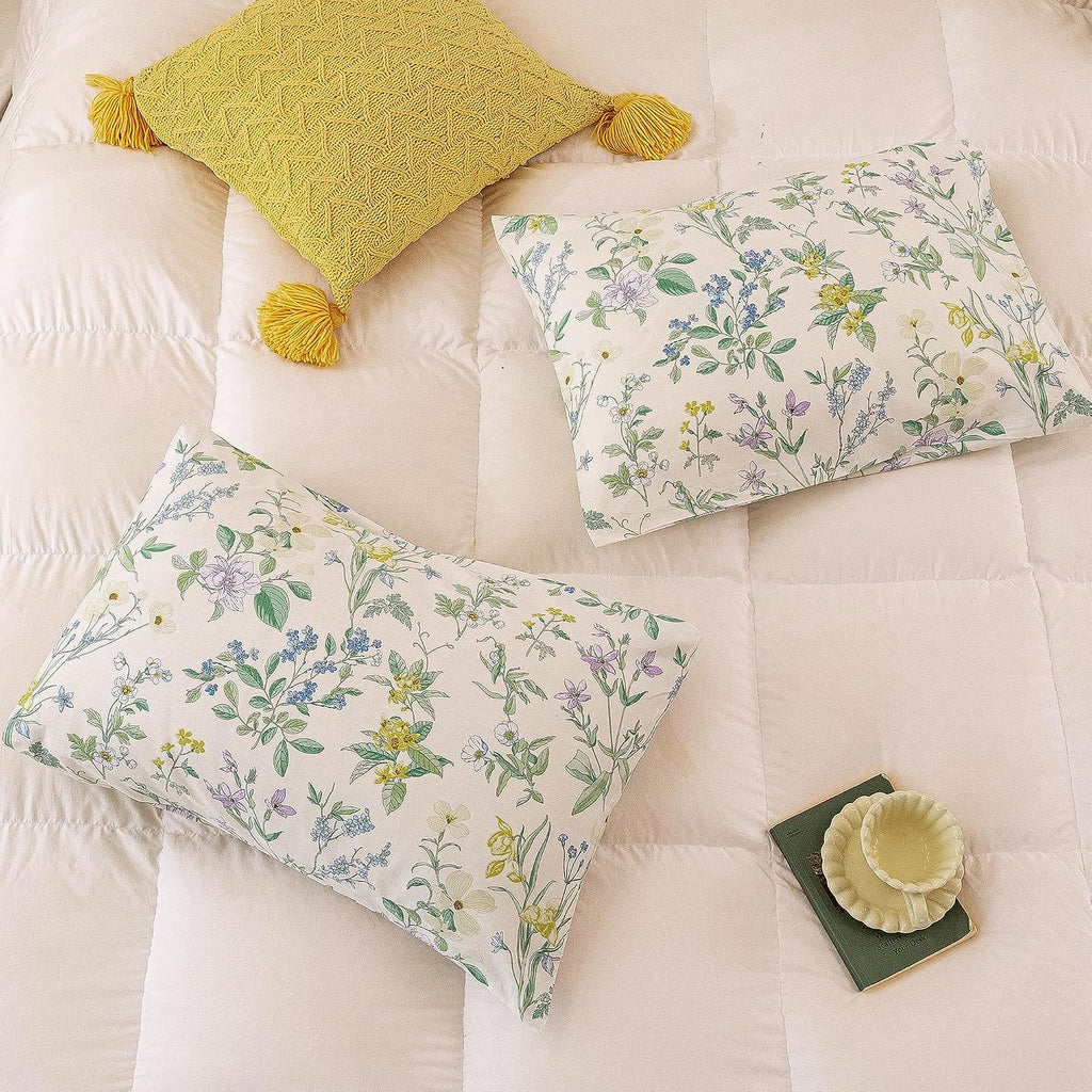 ECOCOTT Floral Pillowcases Queen Size Set of 2, 100% Washed Cotton Pillow Cases with Envelope Closure, Botanical Wildflower Printed…