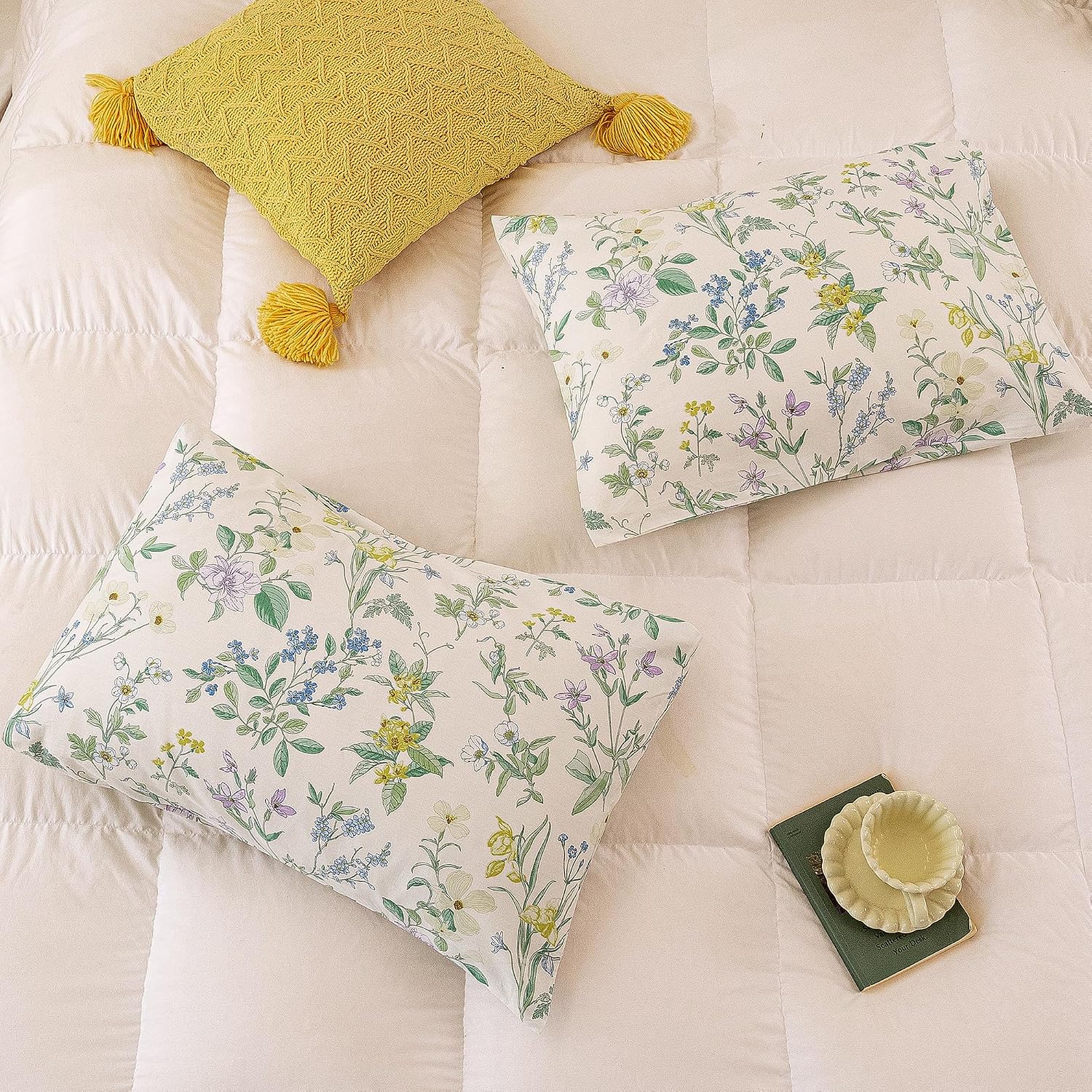 ECOCOTT Floral Pillowcases Queen Size Set of 2, 100% Washed Cotton Pillow Cases with Envelope Closure, Botanical Wildflower Printed…