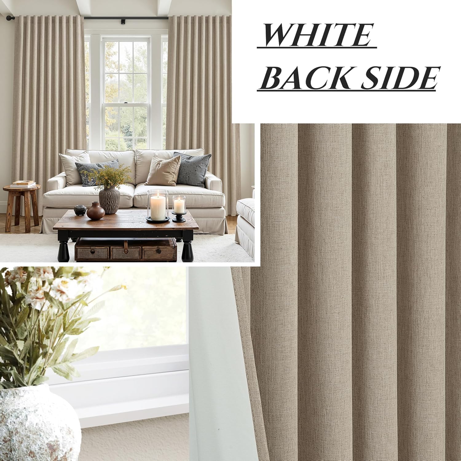 Qjmydeco Blackout Curtains 60 Inches Extra Wide Grey Beige Linen Curtains 84 Inch Length for Living Room, Pleated Farmhouse Bedroom Thermal…