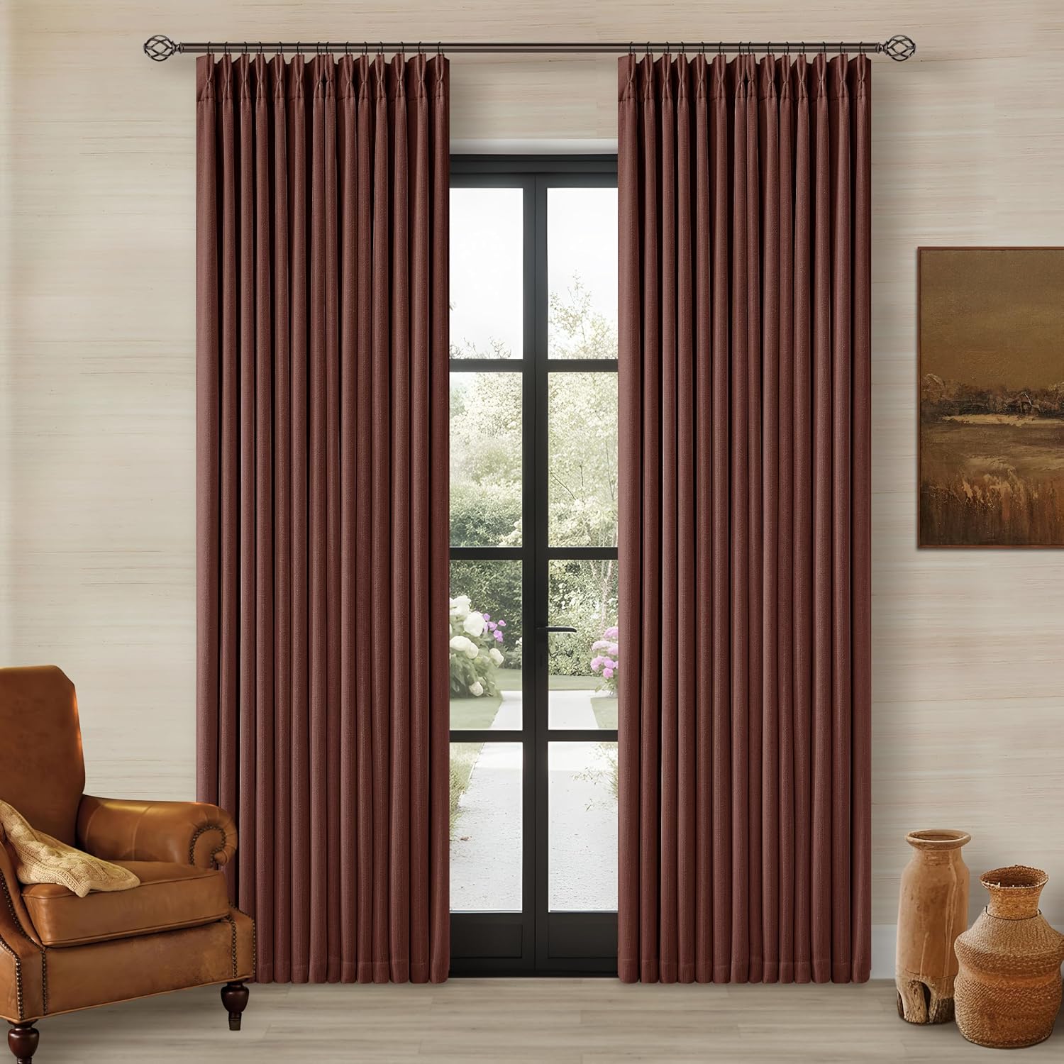 Twodrapes Chestnut Brown Pinch Pleated Blackout Linen Curtains 86 Inches Long for Bedroom Pleated 100% Black Out Drapes with Liner Rust Far…
