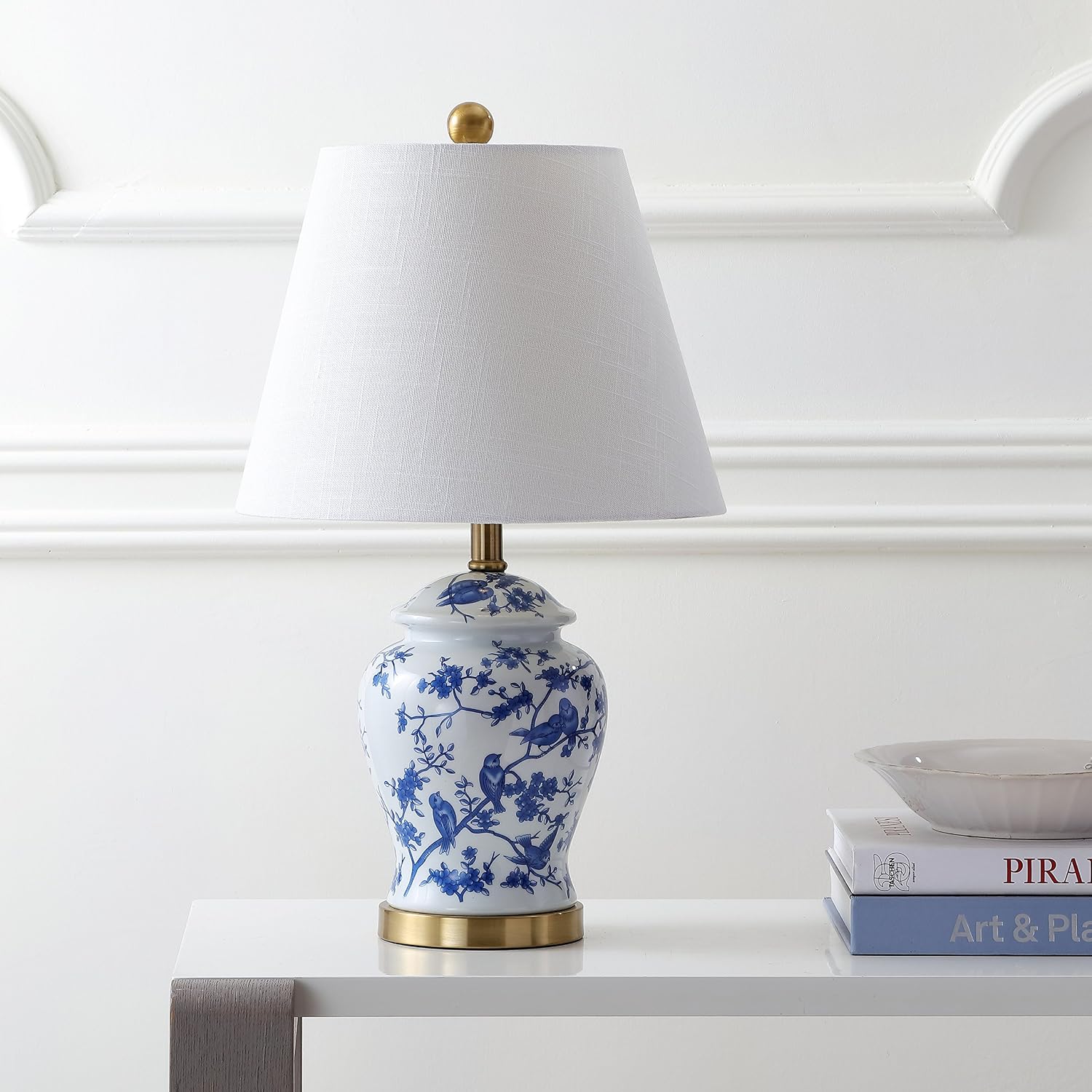 JONATHAN Y 22" Blue/White Ceramic Table Lamp, French Country Chinoiserie Ginger Jar LED Bedside Lamp for Living Room Bedroom, White Linen…