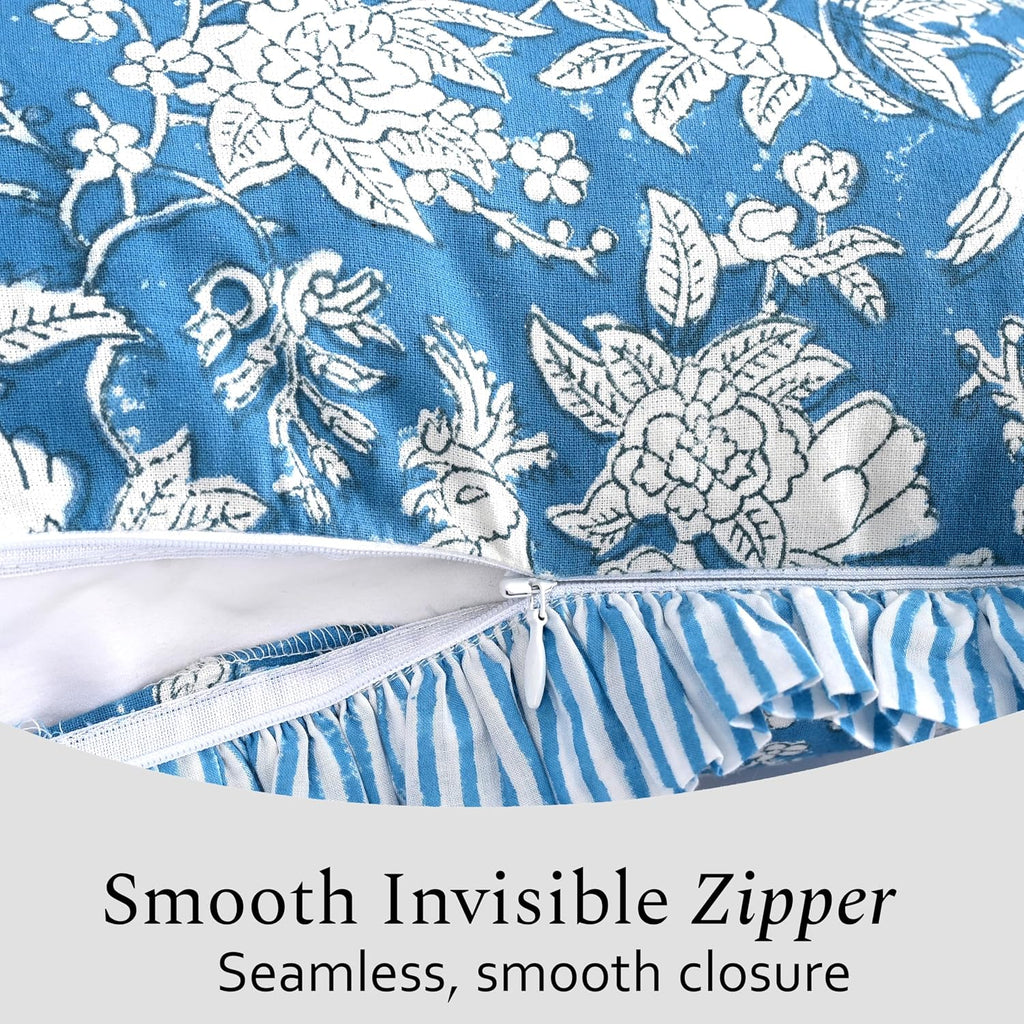 Cottonprintclub CPC Hand Block Print Blue Sapphire Ruffle Sham Pillow Cover 36" x 14" inch Hidden Zipper Decorative Pillowcase for Couch, B…