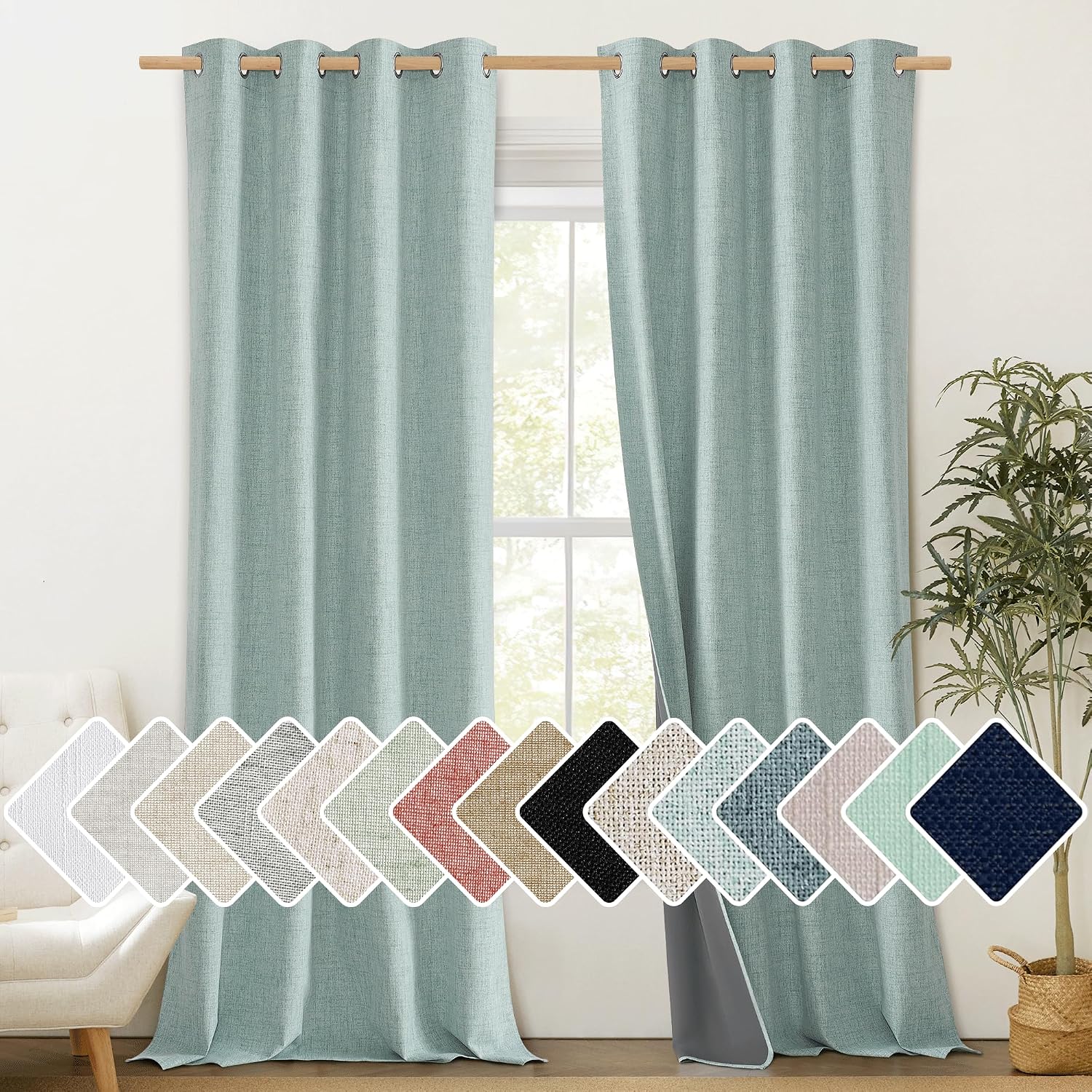 NICETOWN 100% Absolutely Blackout Linen Curtains with Thermal Insulated White Liner, Seafoam Green, 52" Wide, 120" Length Energy Saving…