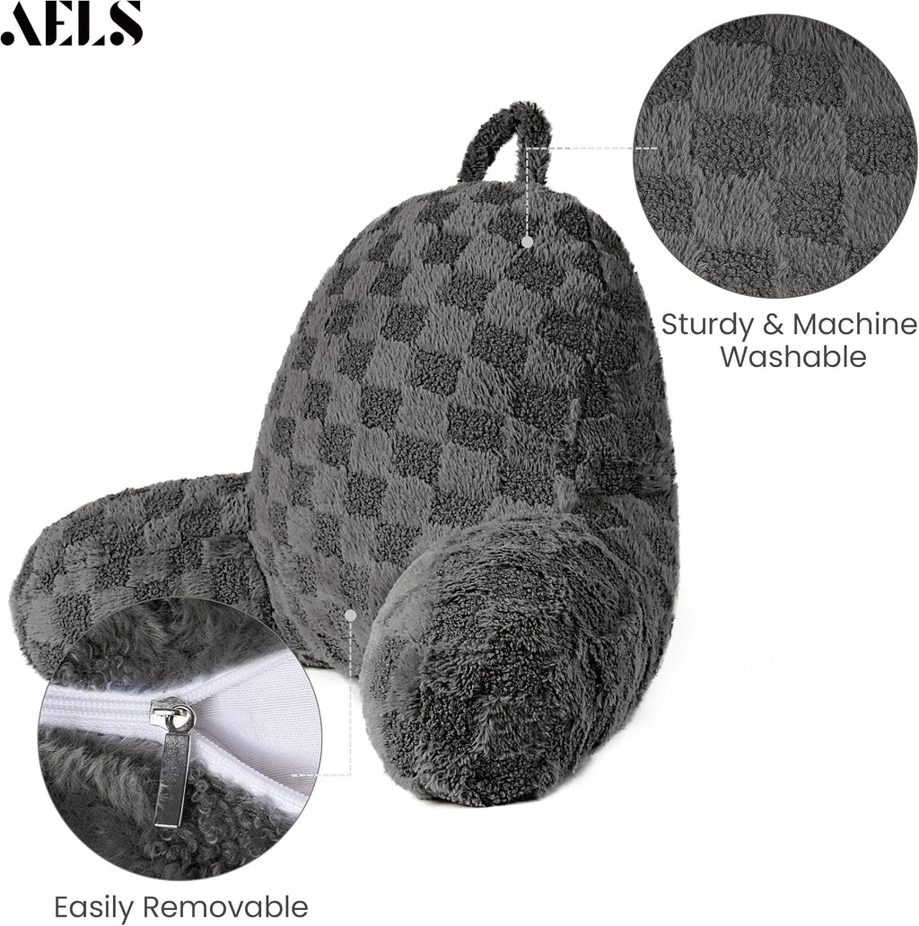 Aels Large Reading Pillow Replacement Cover with Arms and Pockets (Cover ONLY), 18" Soft Faux Fur Checkered Backrest Pillow Cover Fits Stan…
