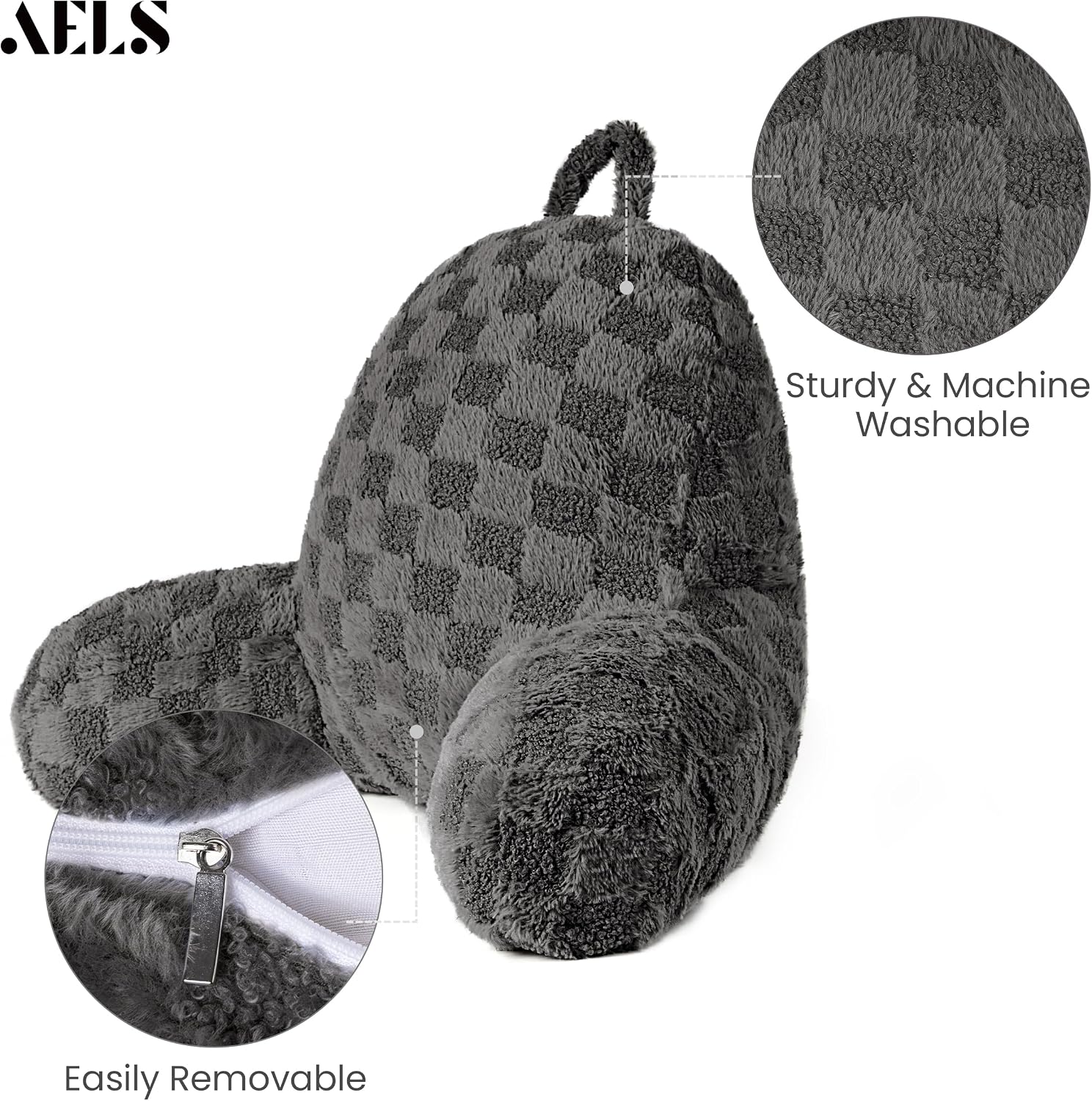 Aels Large Reading Pillow Replacement Cover with Arms and Pockets (Cover ONLY), 18" Soft Faux Fur Checkered Backrest Pillow Cover Fits Stan…
