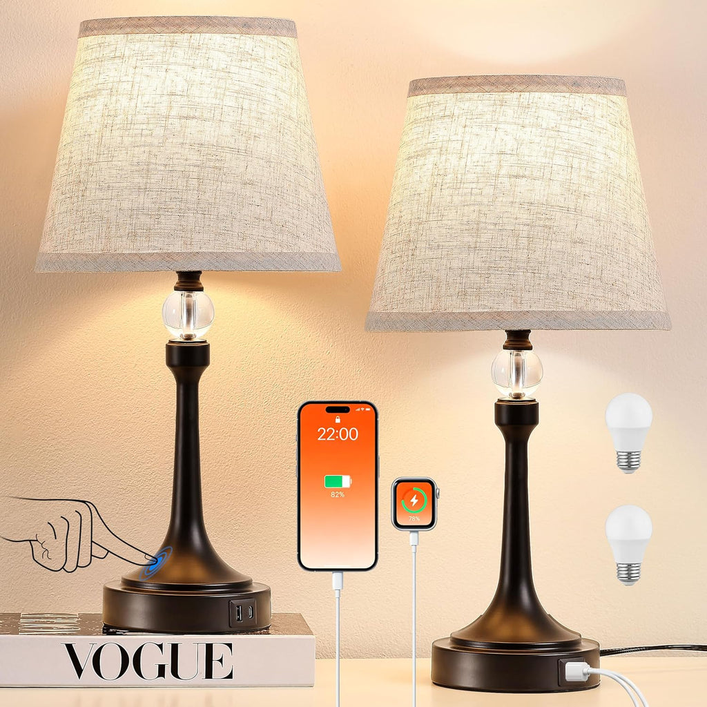 19.7'' Touch Table Lamps for Living Room, Small Lamp for Bedroom with USB C+A Ports, Dimmable Touch Lamps Set of 2, Reading Desk Lamp for…