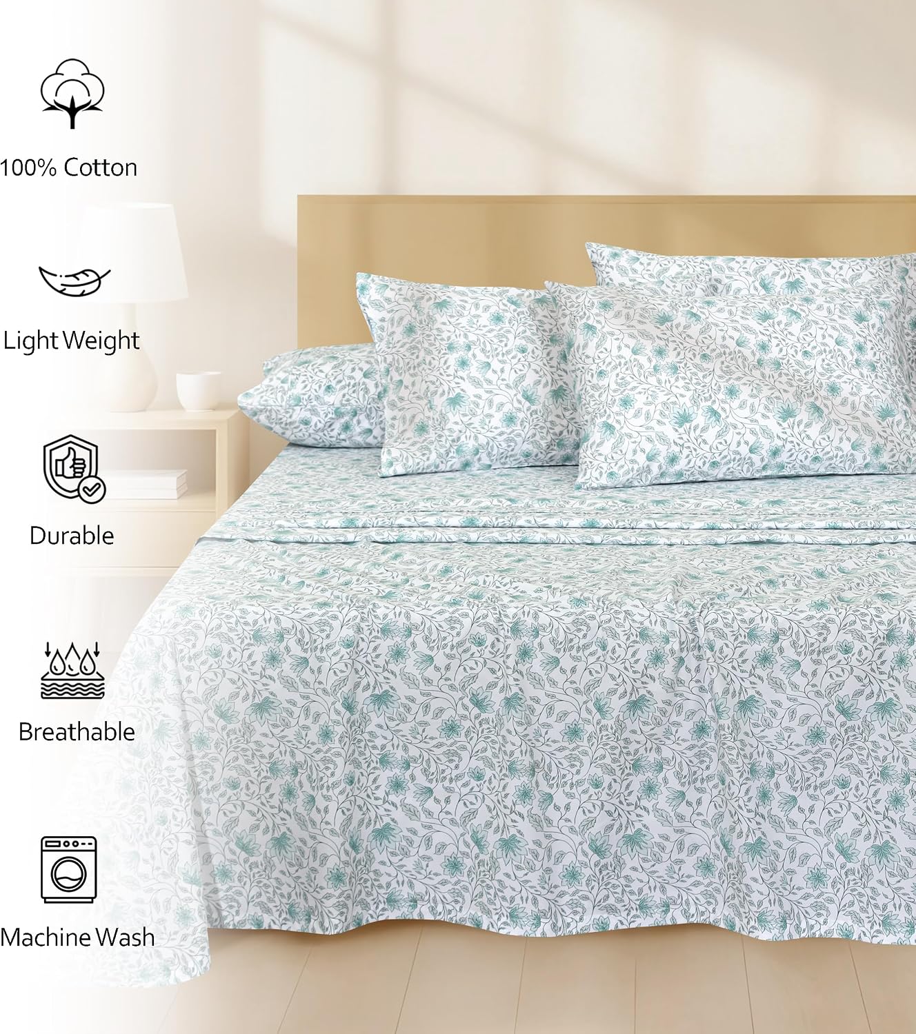 Ruvanti 100% Cotton Percale Sheets Split King Size 7 Piece Set, Cooling Bed Sheets for Hot Sleepers, Deep Pocket 16”, Breathable Lightweigh…
