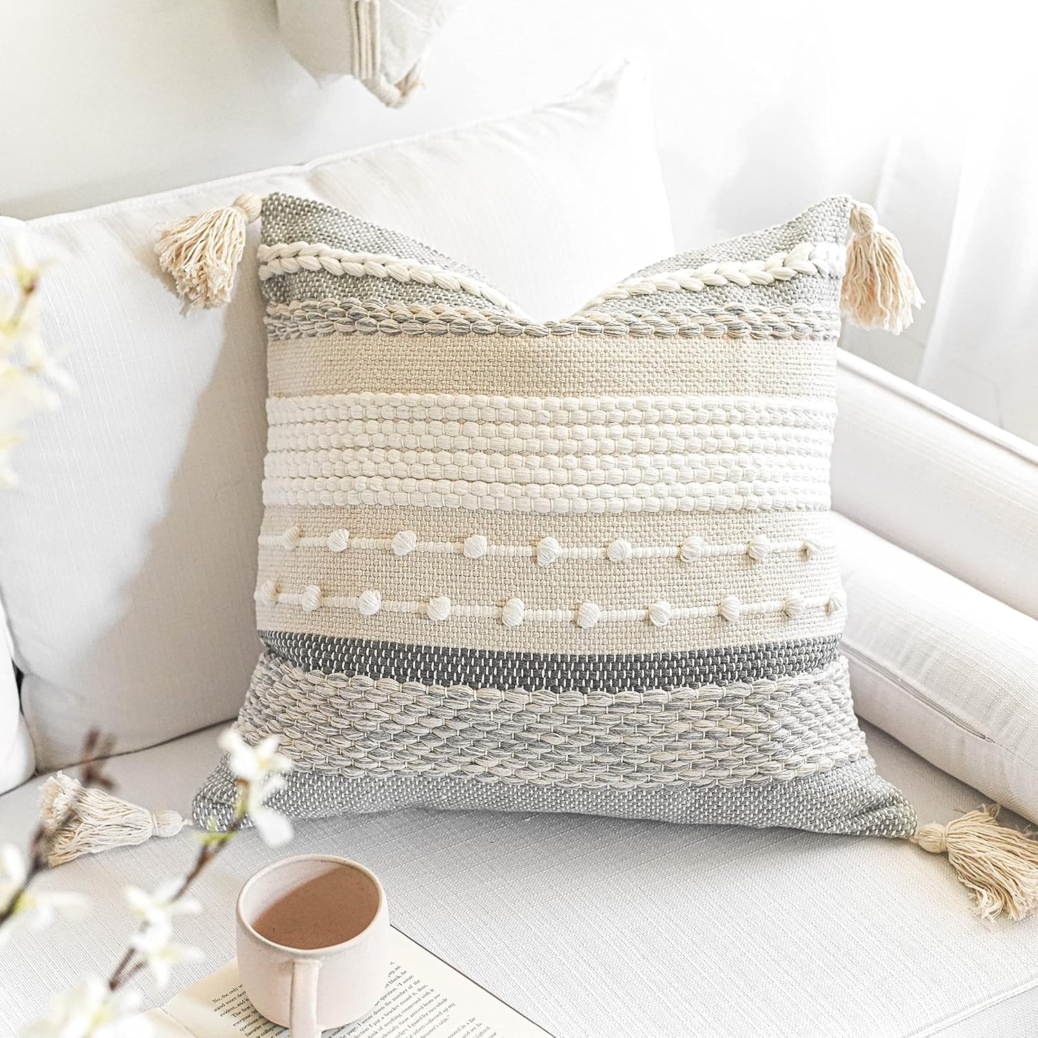 BlissBlush Gray Boho Throw Pillow Cover 22x22, Grey Decorative Accent Pillow for Couch, Square Woven Textured Pillowcase, Modern…