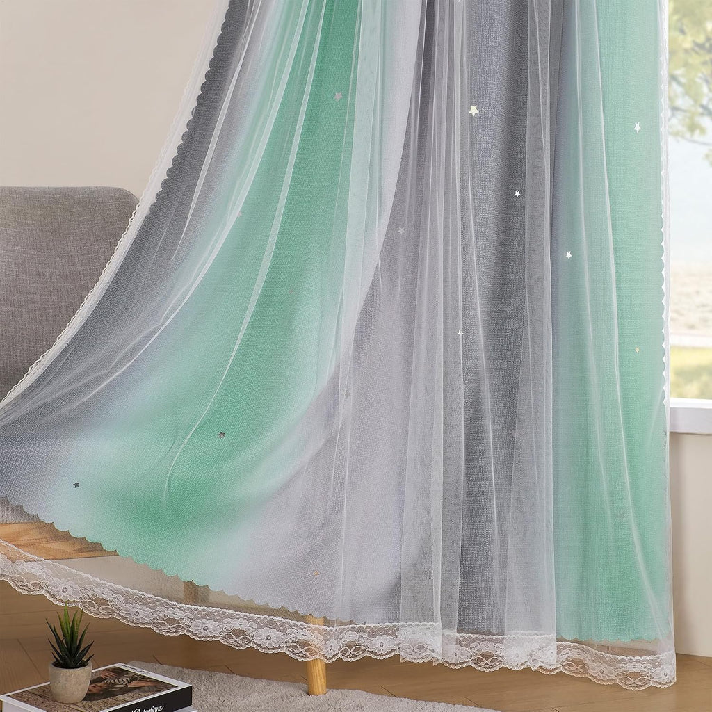 Addsomecolortolife XiDi Bedroom Decor Blackout Curtains for Girl & Kids Room - Rainbow, Unicorn Wall Decals - Green, Light Grey - 52x63 Inc…