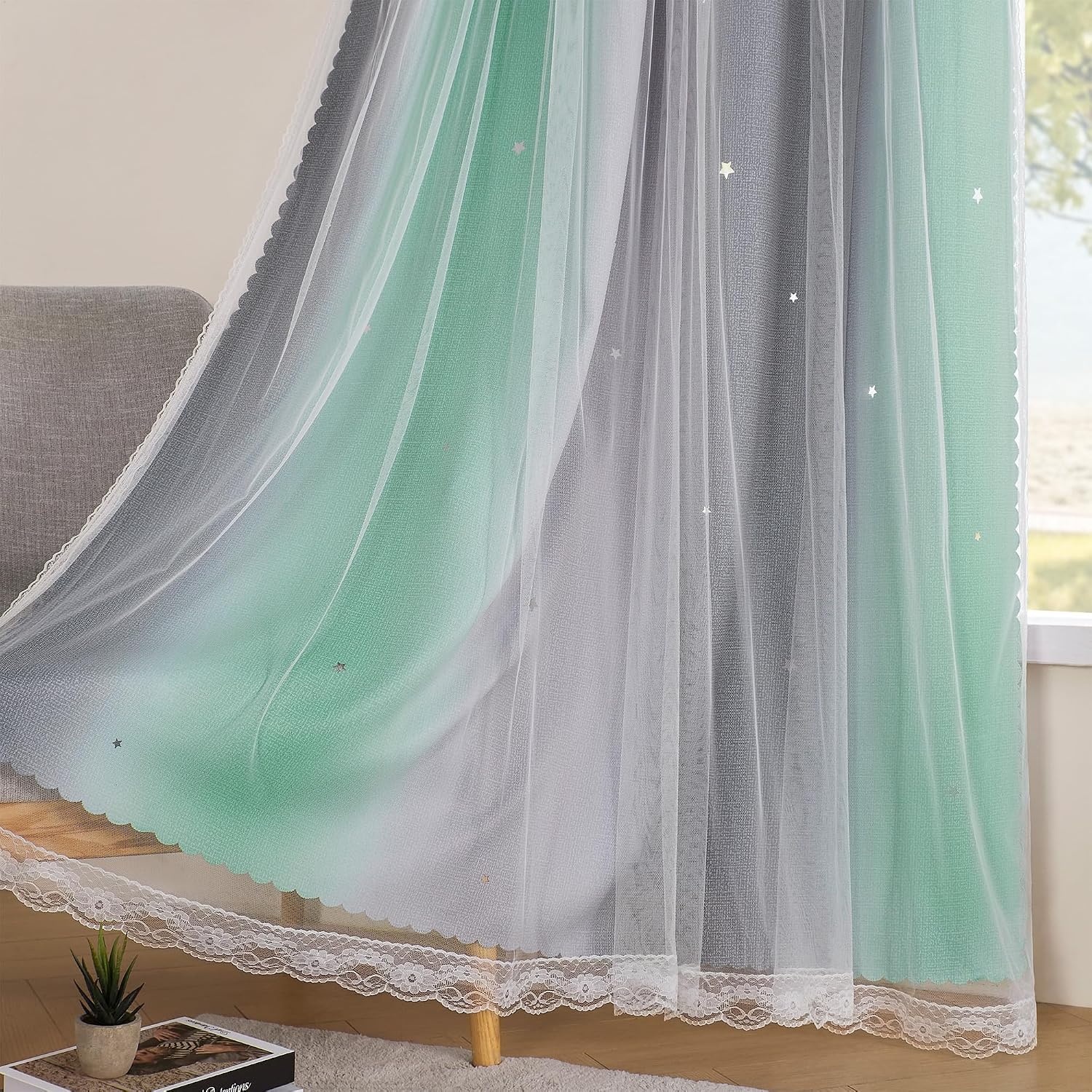 Addsomecolortolife XiDi Bedroom Decor Blackout Curtains for Girl & Kids Room - Rainbow, Unicorn Wall Decals - Green, Light Grey - 52x63 Inc…