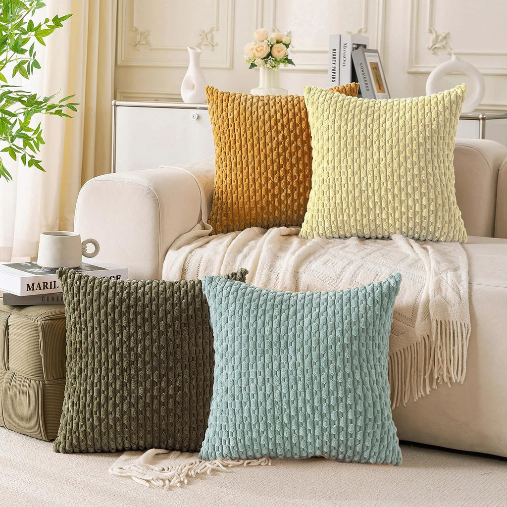 Cozoomy Set of 4 Pale Yellow Decorative Throw Pillow Covers 18x18 Inch Corduroy Pillow Covers for Bed Couch Sofa Living Room Soft Square Cu…