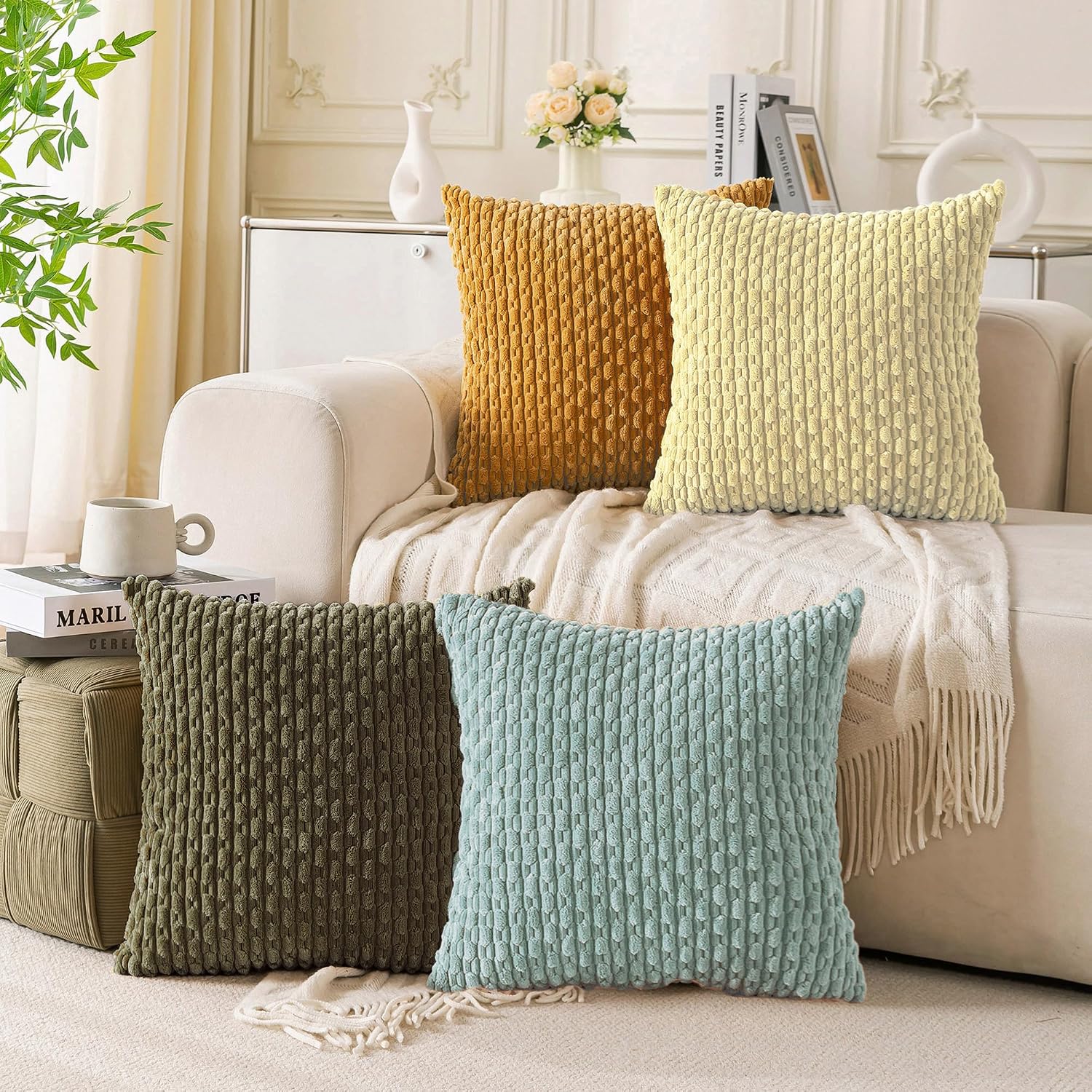 Cozoomy Set of 4 Pale Yellow Decorative Throw Pillow Covers 18x18 Inch Corduroy Pillow Covers for Bed Couch Sofa Living Room Soft Square Cu…
