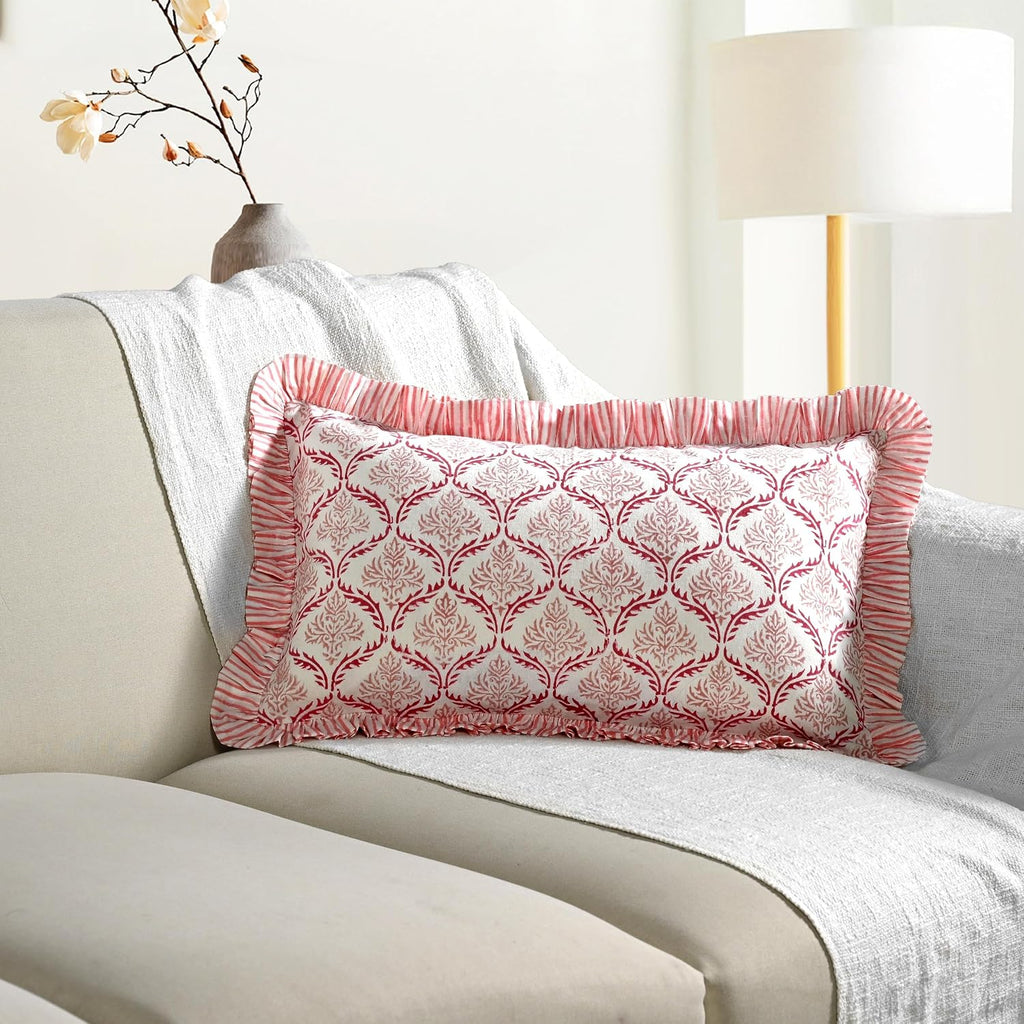 Cottonprintclub CPC Hand Block Print Blush Rose Ruffle Sham Pillow Cover 20" x 12" inch Hidden Zipper Decorative Pillowcase for Couch, Bed,…