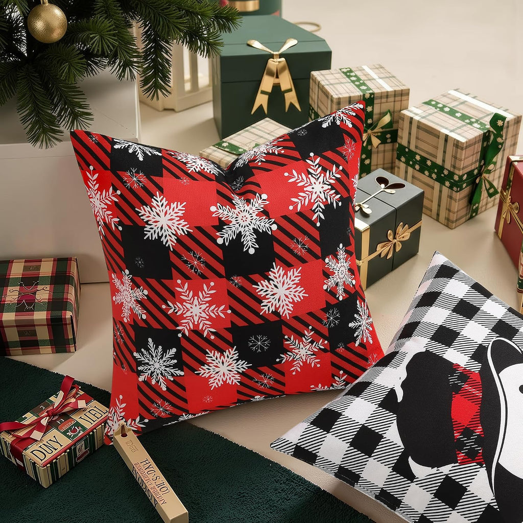 decorUhome Summer Black and Red Snowflake Linen Decorative Throw Pillow Covers 20x20 Set of 2 Buffalo Plaid Check Farmhouse Gingham Cushion…