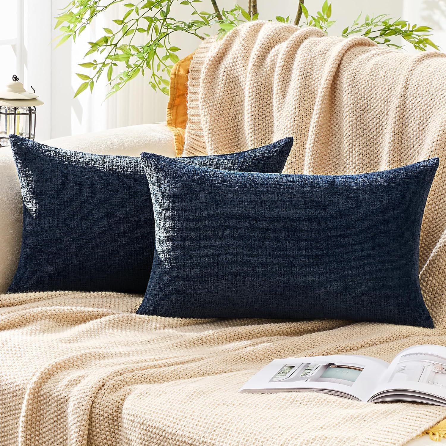 Gawamay Set of 2 Decorative Lumbar Soft Chenille Throw Pillow Covers 12x20 Inch (30x50 CM), Boho Farmhouse Cushion Cases, Couch Pillow Cove…