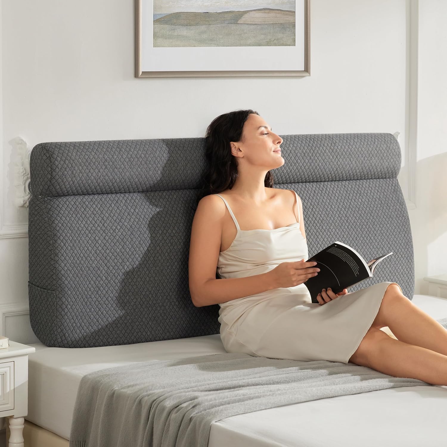 Headboard Pillow Queen Wedge Memory Foam Pillow Headboard with Head Rest One-Piece Ergonomic Linen Upholstered Backrest Cushion for Back…