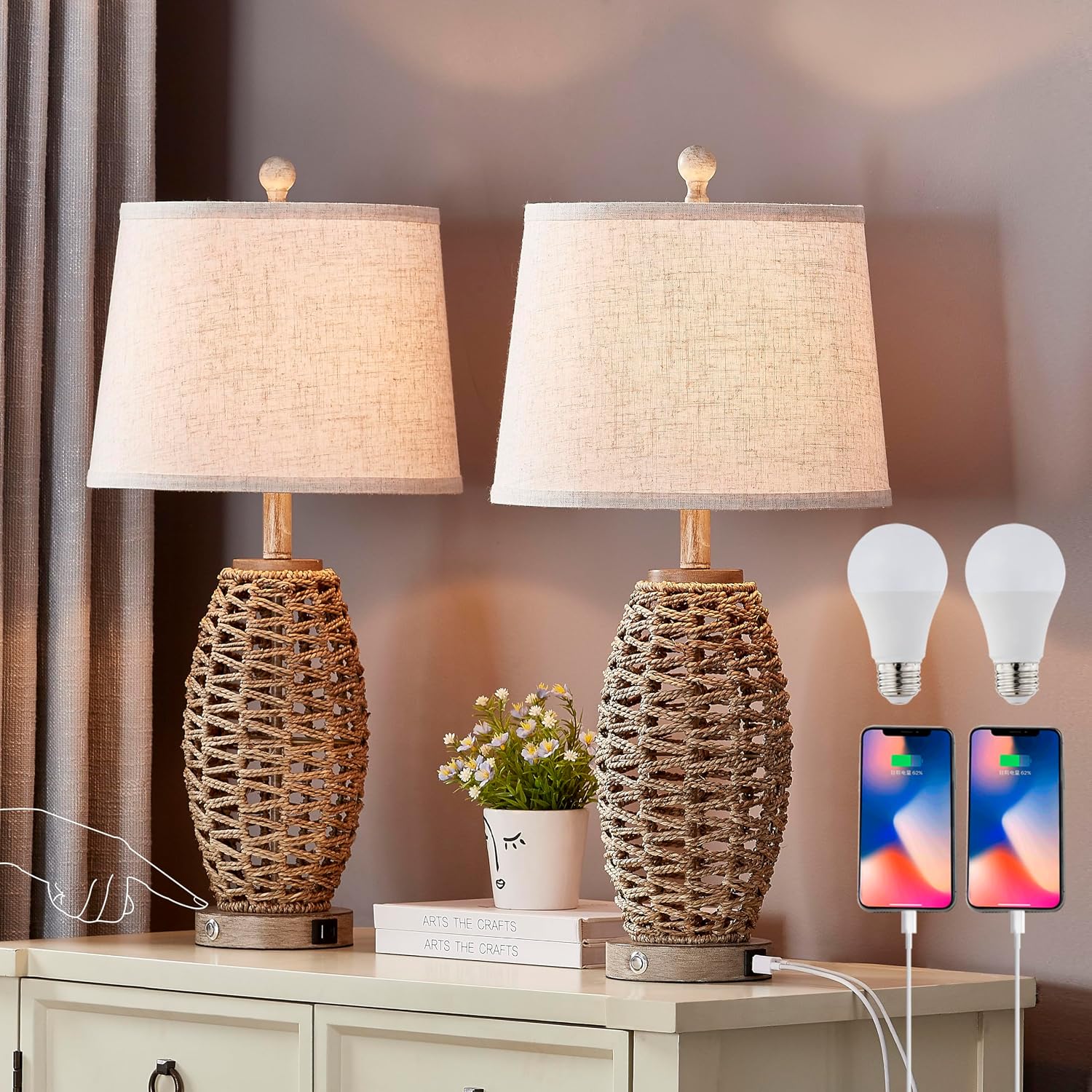 27” Natural Rattan Table Lamps Set of 2, Touch Switch,3-Way Dimmable Bedside Lamps, with A+C USB Charging Ports, Oatmeal…