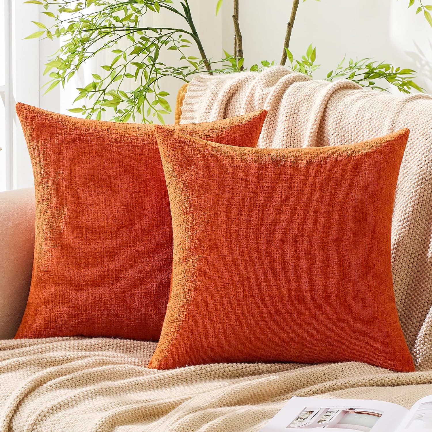 Gawamay Set of 2 Soft Textured Chenille Throw Pillow Covers 20x20 Inch (50x50 CM), Decorative Pillowcases Cushion Covers for Farmhouse Home…