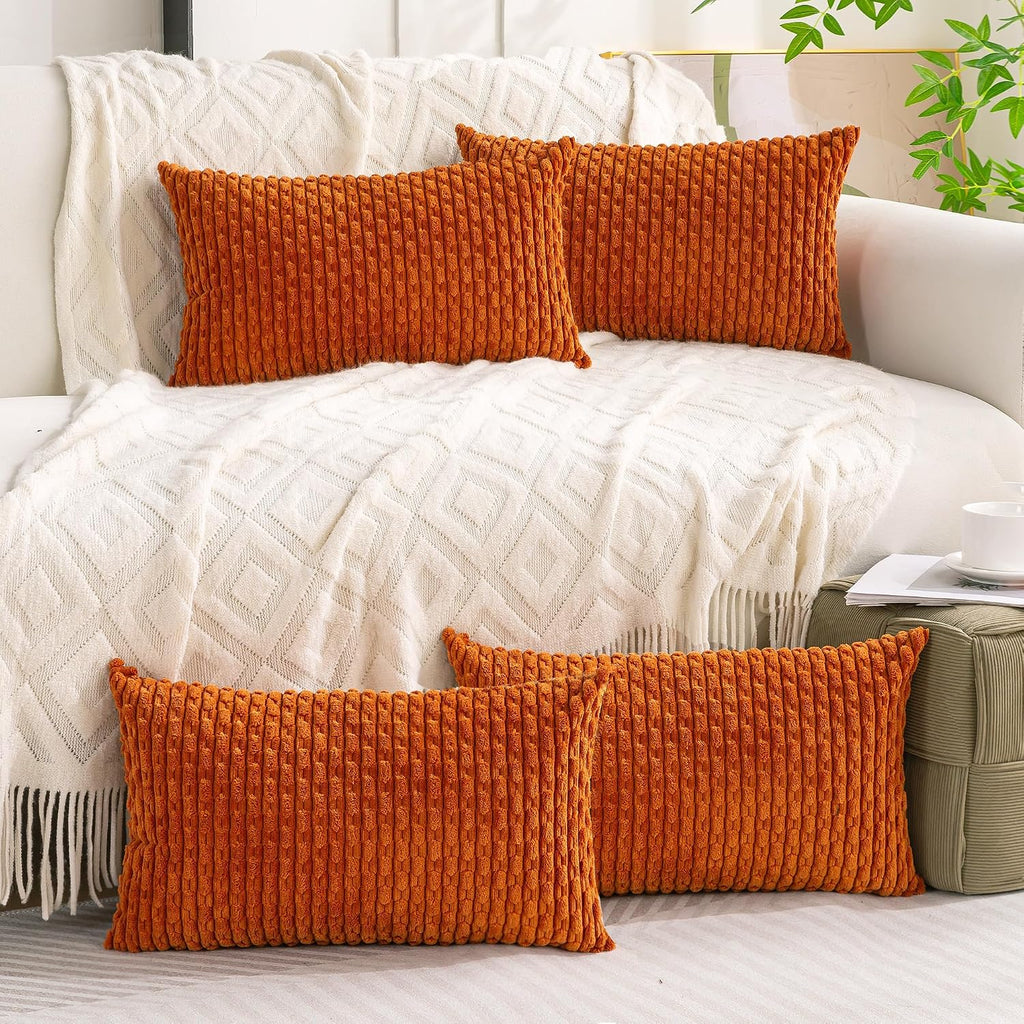 Cozoomy Set of 4 Burnt Orange Decorative Throw Pillow Covers 12x20 Inch Corduroy Pillow Covers for Bed Couch Sofa Living Room Soft Cushion…