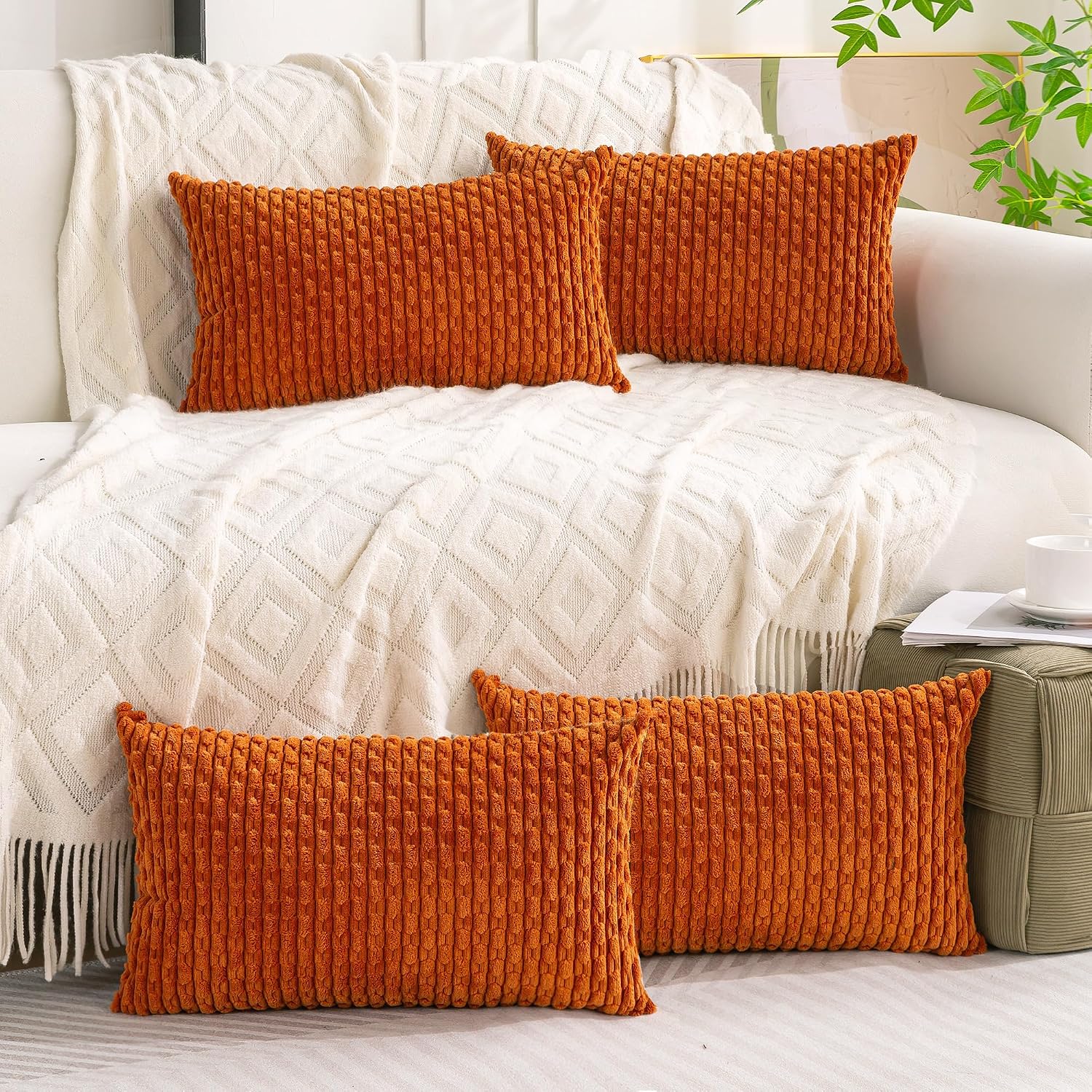 Cozoomy Set of 4 Burnt Orange Decorative Throw Pillow Covers 12x20 Inch Corduroy Pillow Covers for Bed Couch Sofa Living Room Soft Cushion…