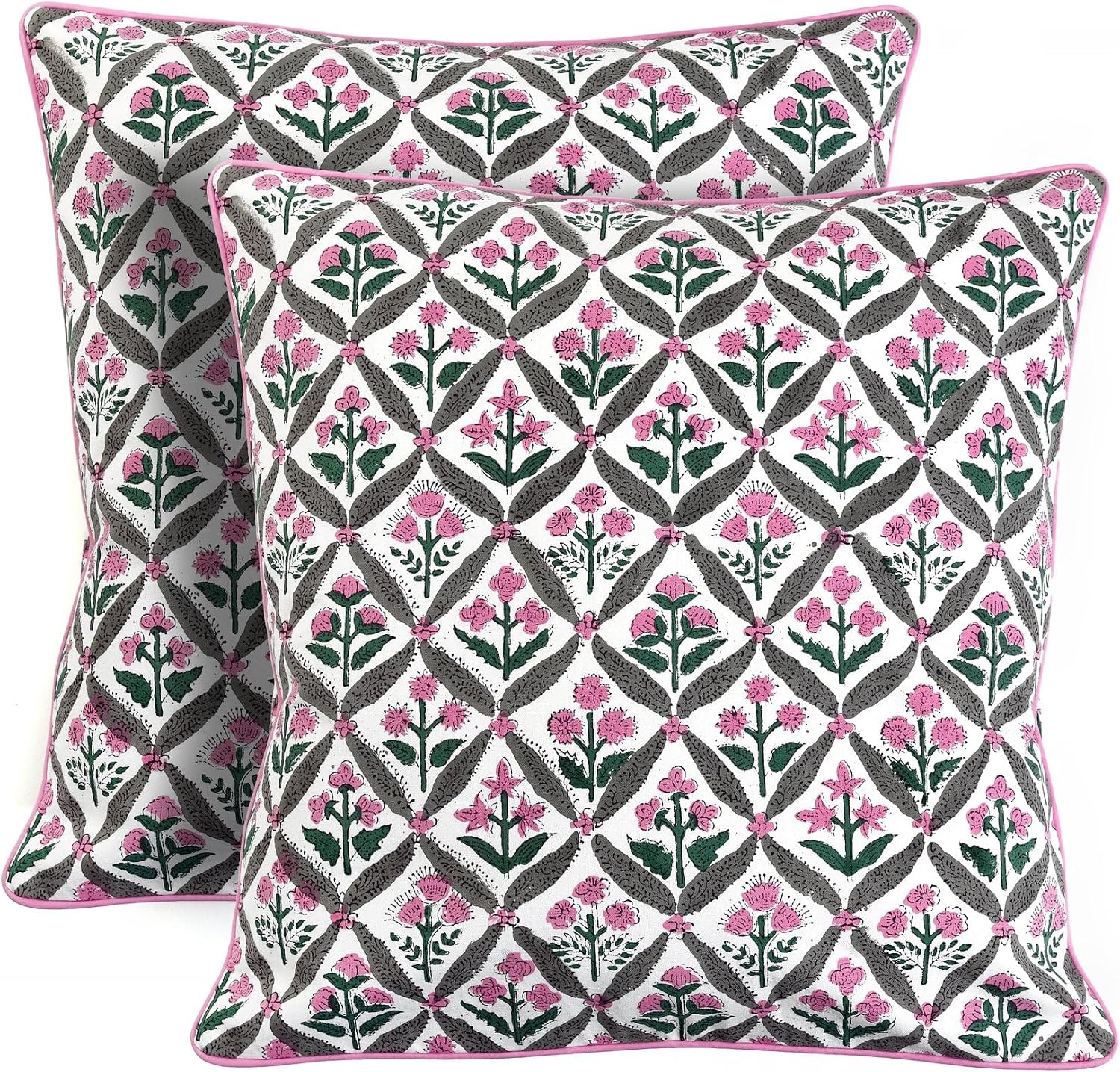 Ridhi Block Print Pink and White Pillow Cover 20" x 20" (Pack of 2) Decorative Couch Pillows for Living Room, Chic Boho Cute Outdoor Pillow…
