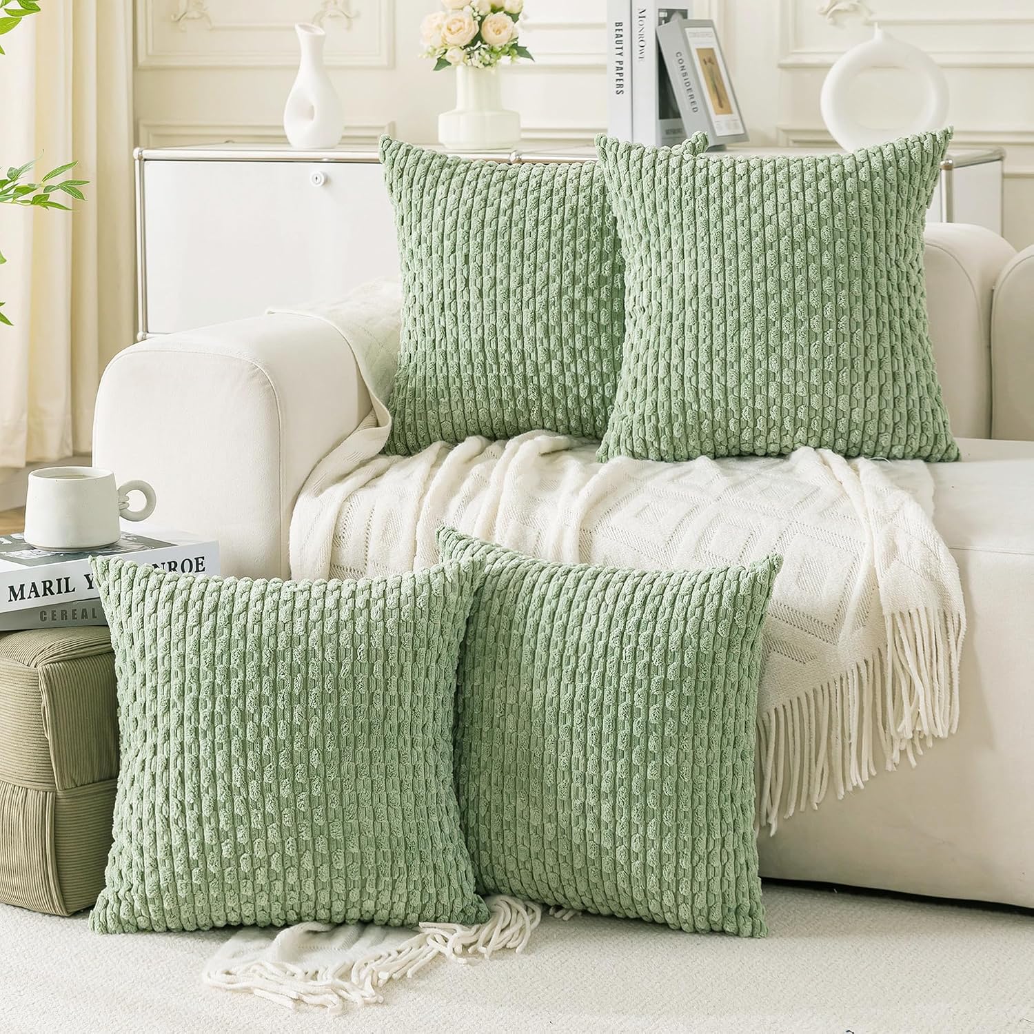 Cozoomy Set of 4 Sage Green Decorative Throw Pillow Covers 26x26 Inch Corduroy Pillow Covers for Bed Couch Sofa Living Room Soft Square Cus…