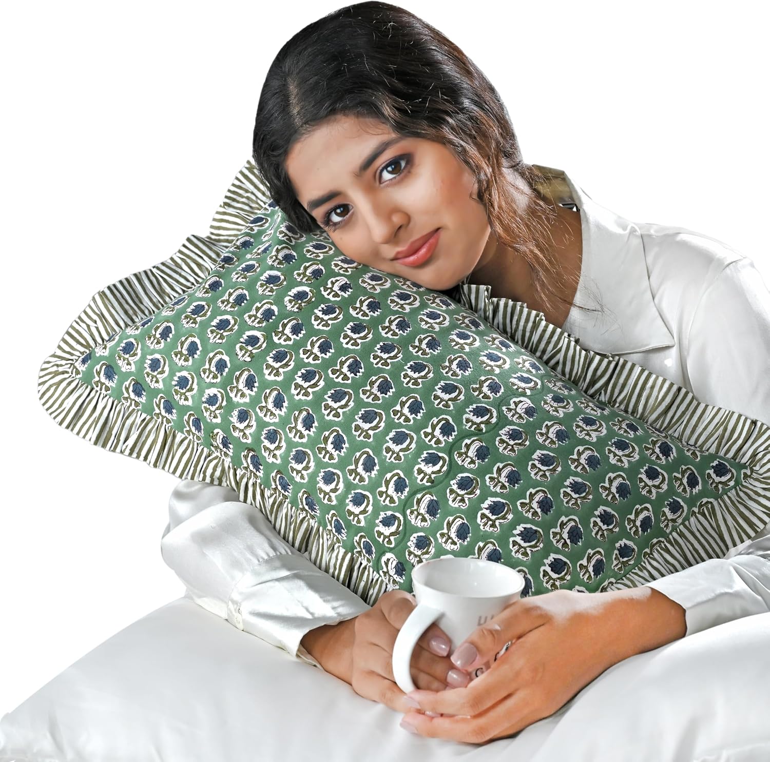 Ridhi Block Print Basil Green 20"x12" Set 1-100% Cotton Ruffle Lumbar Sham Cover Boho Floral Pillowcase, Farmhouse Cottagecore Bedding…