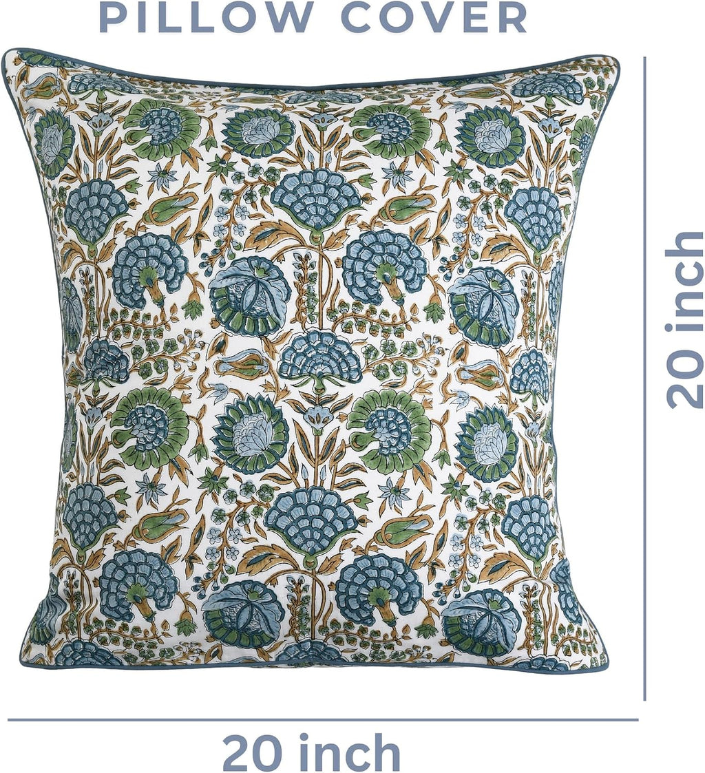 Ridhi Block Print Asparagus Green Pillow Cover 20" x 20" (Pack of 2) Decorative Couch Pillows for Living Room, Farmhouse Chic Boho Cute Out…
